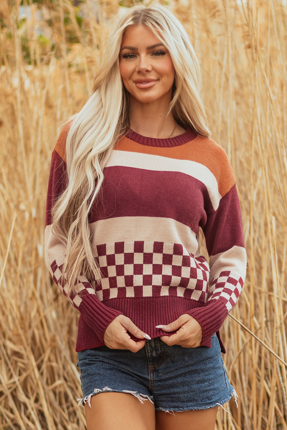Brown Checkered Color Block Knitted Drop Shoulder Sweater - loveforevers