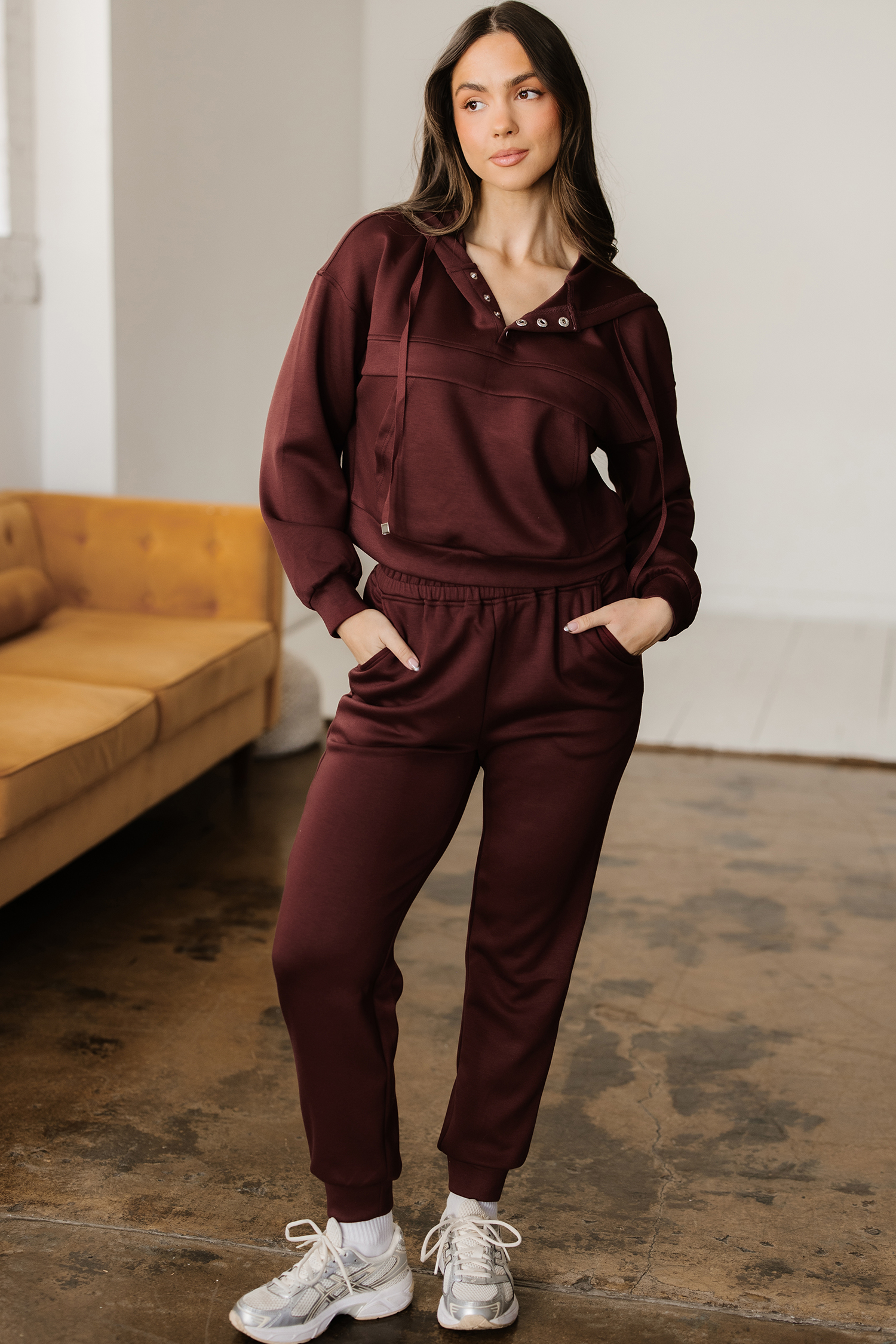 Chicory Coffee Button Drawstring Cropped Hoodie Jogger 2pcs Set - loveforevers