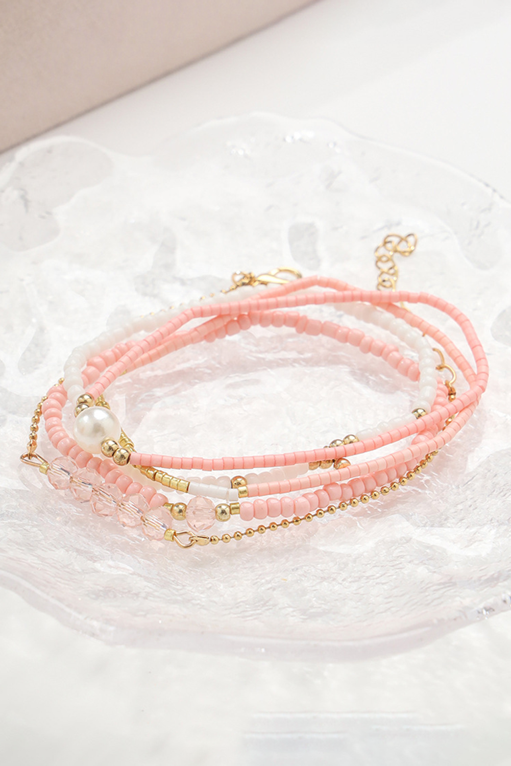 Pink Pearl Crystal Bead Detail 5pcs Elastic Bracelet Set - loveforevers
