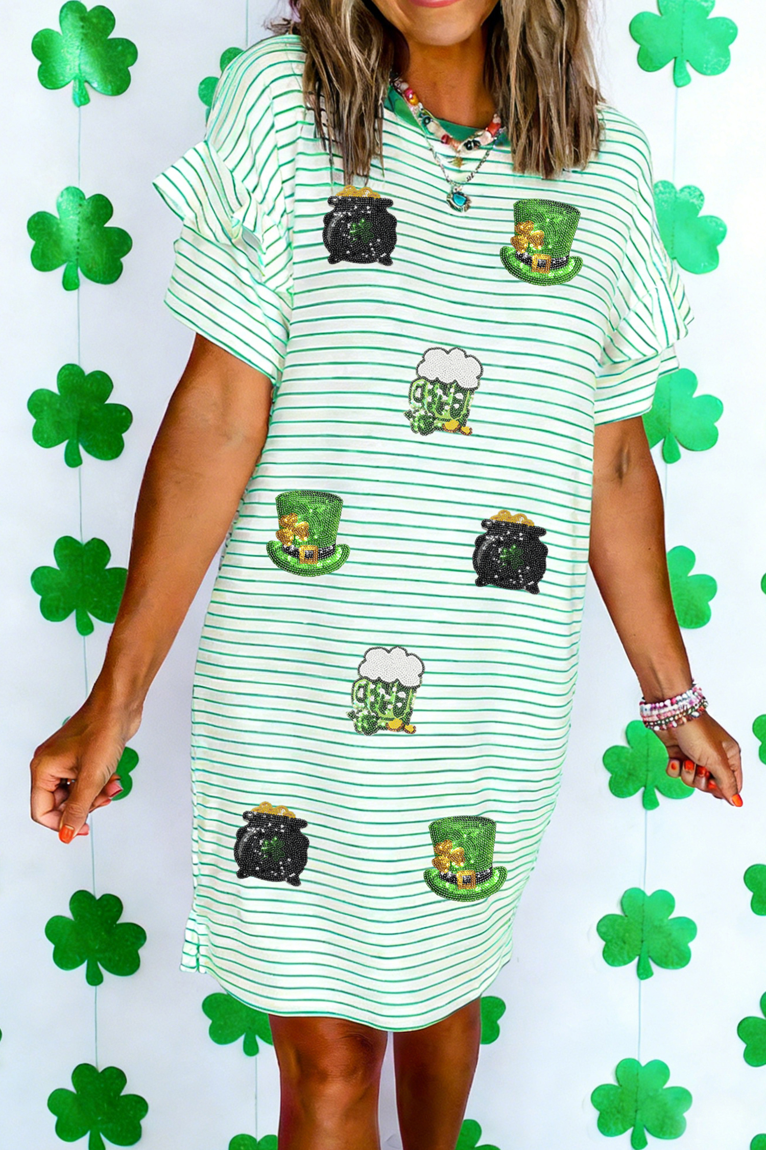 Green Stripe St Patricks Day Sequin Elements Patched Tee Dress - loveforevers