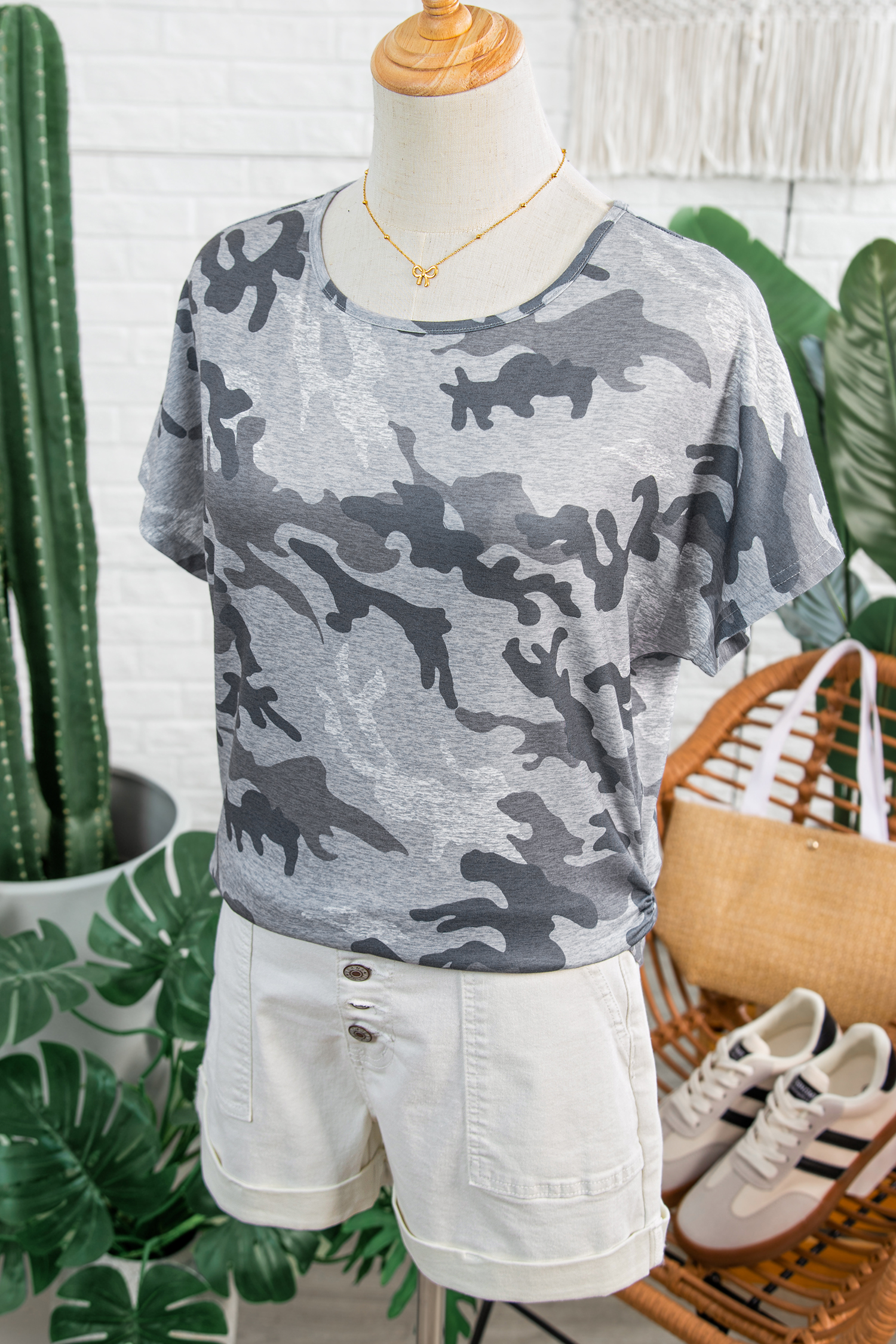 Gray Camouflage Print Round Neck T Shirt - loveforevers
