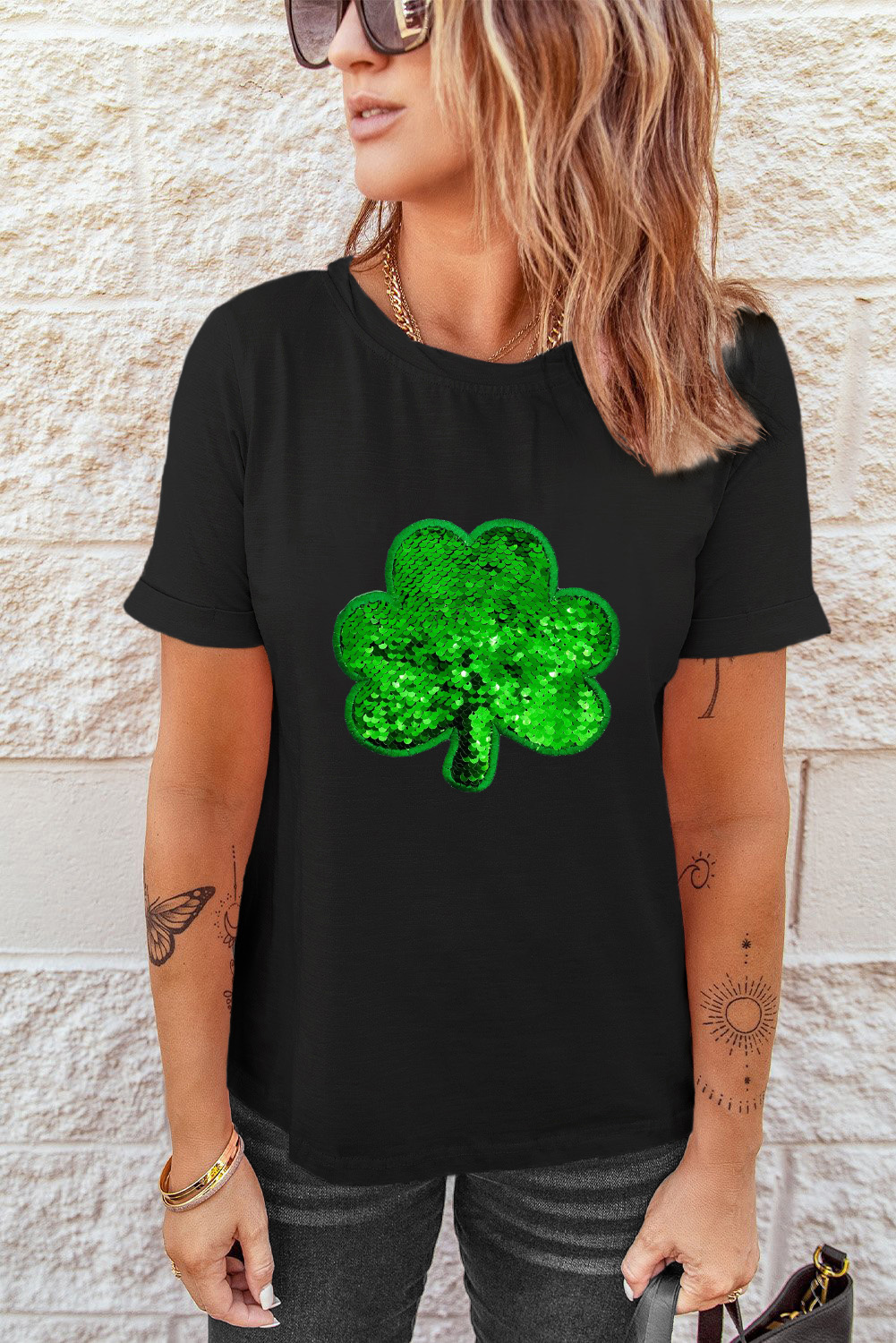 Black St. Patricks Lucky Clover Print O Neck T Shirt - loveforevers