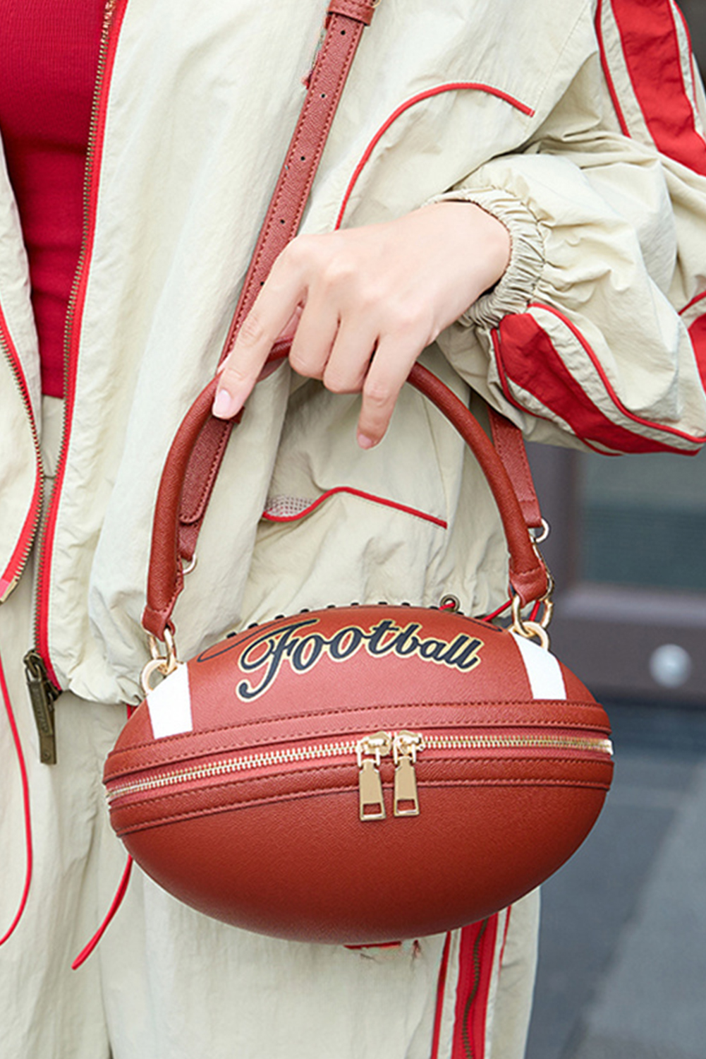Chestnut Faux Leather Football Spherical Hand Bag - loveforevers