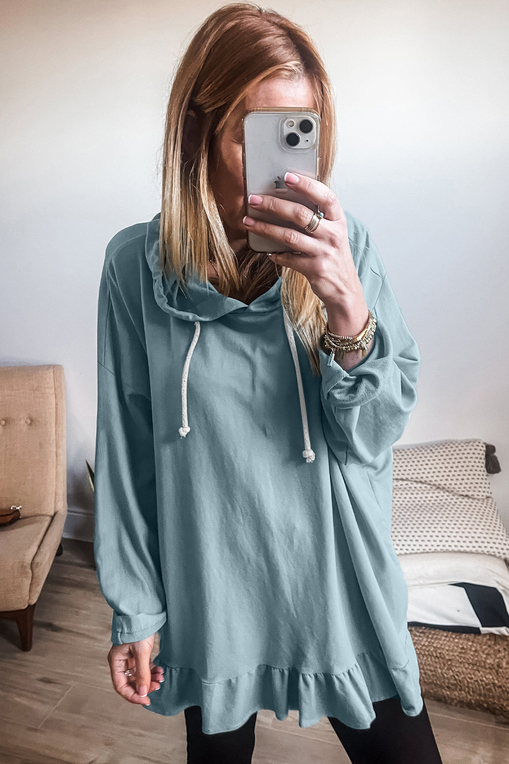 Iceland Blue Solid Ruffled Hem Loose Fit Tunic Hoodie - loveforevers