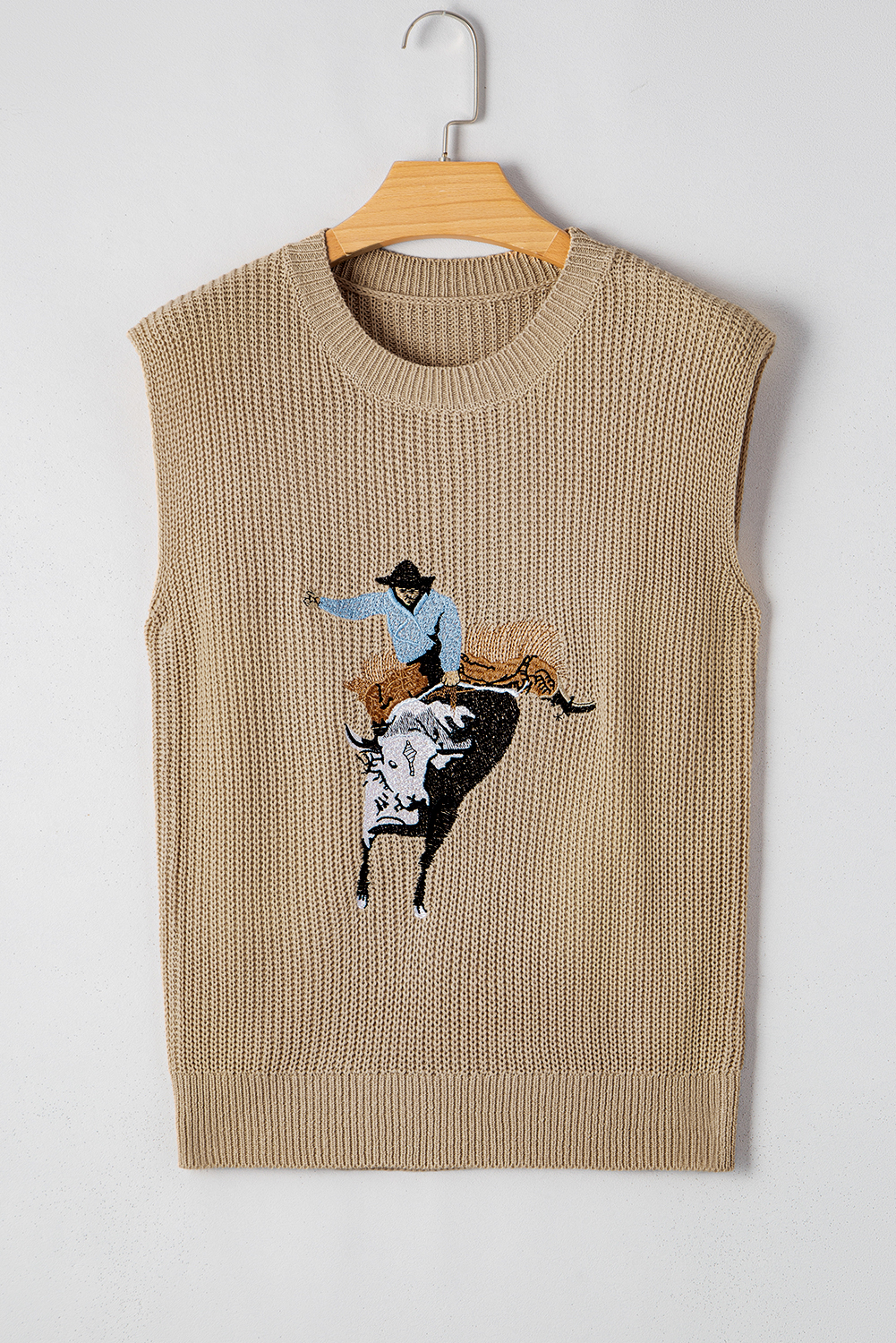 Black Western Cowboy Embroidery Round Neck Sleeveless Sweater - loveforevers
