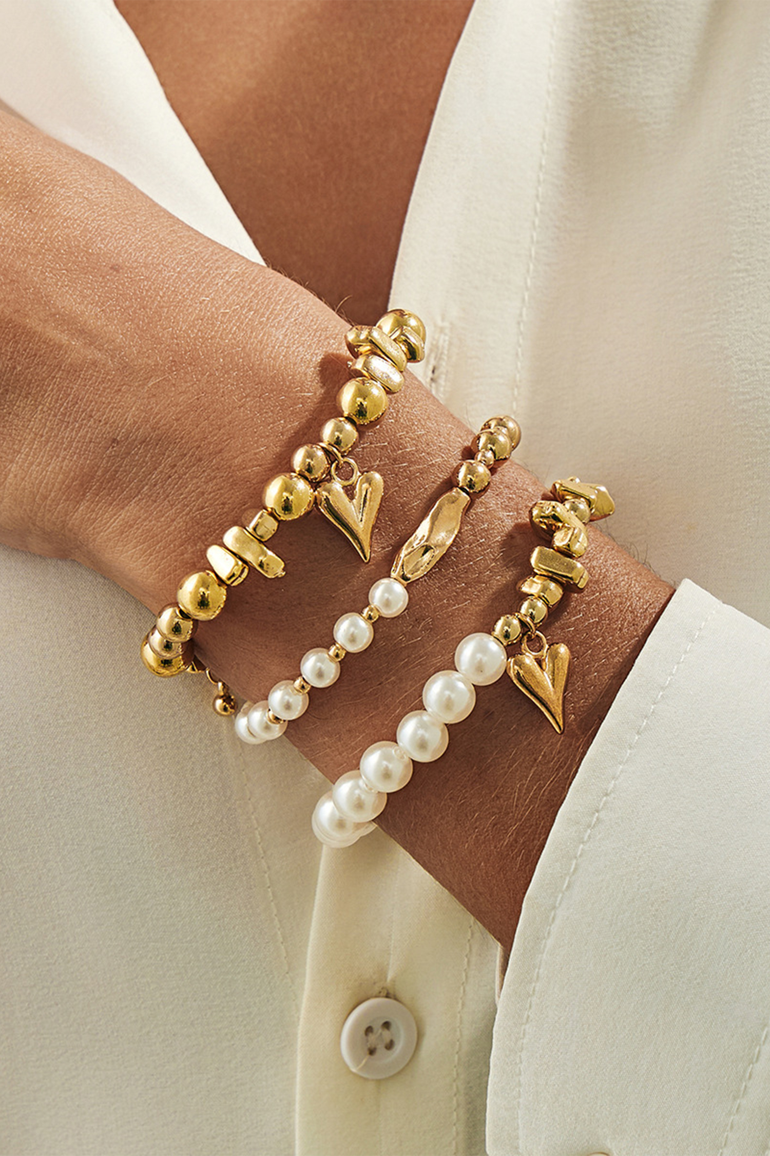 Gold 3pcs Irregular Beads Pearl Detail Bracelet Set - loveforevers