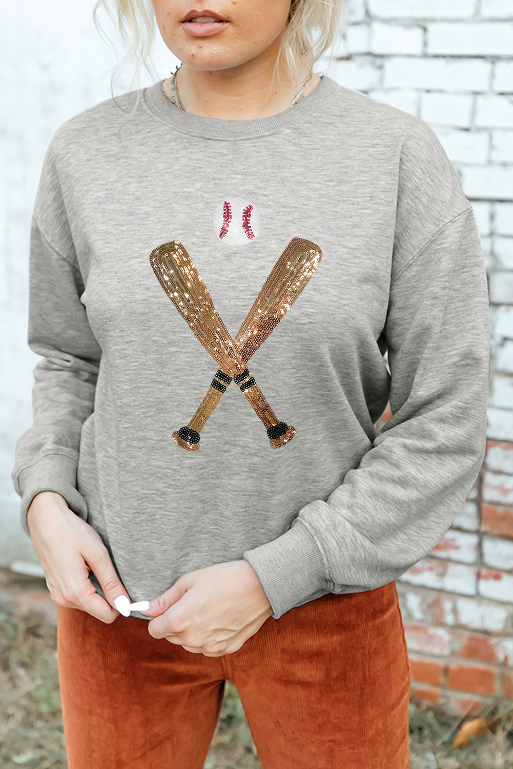Gray Sequin Baseball Graphic Crewneck Game Day Sweatshirt - loveforevers