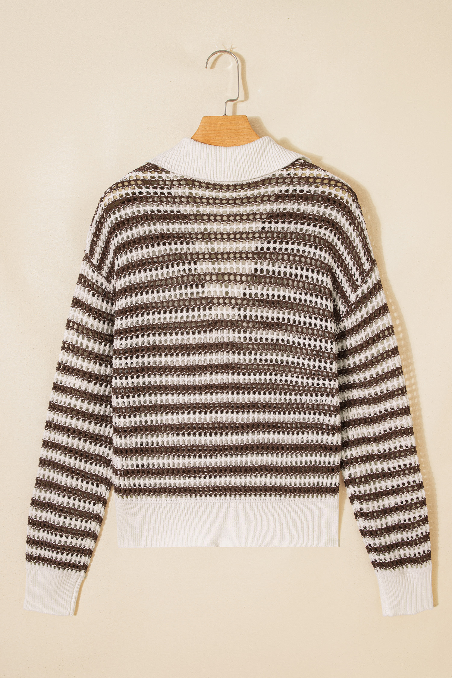 Brown Stripe Eyelet Hollow-out Contrast Collared Pullover Chic Sweater - loveforevers