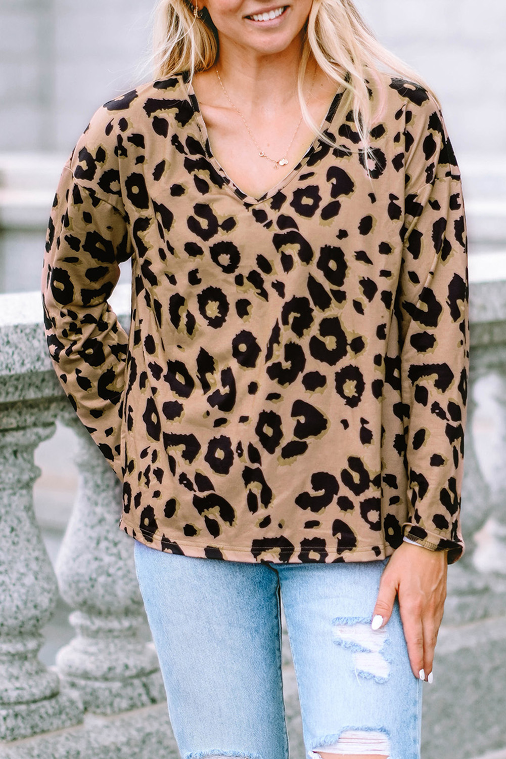 Brown Leopard Split Joint V Neck Long Sleeve Tops - loveforevers