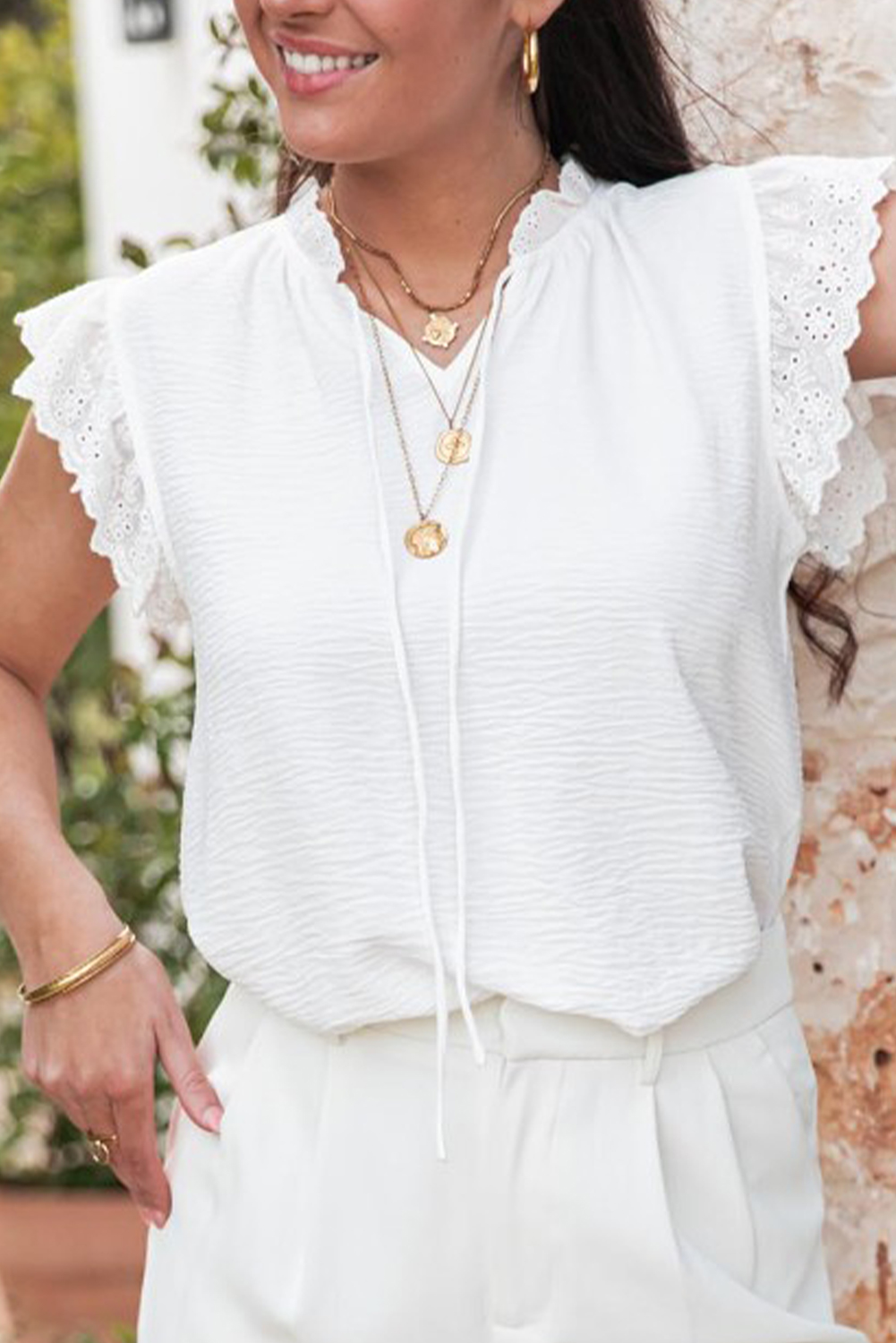 White Embroidered Ruffle Trim Textured Blouse - loveforevers