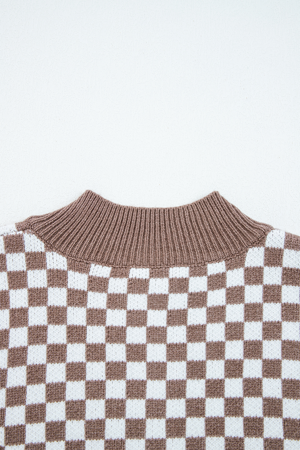 Dark Brown Half Button Ribbed Trim Checkerboard Knit Sweater - loveforevers