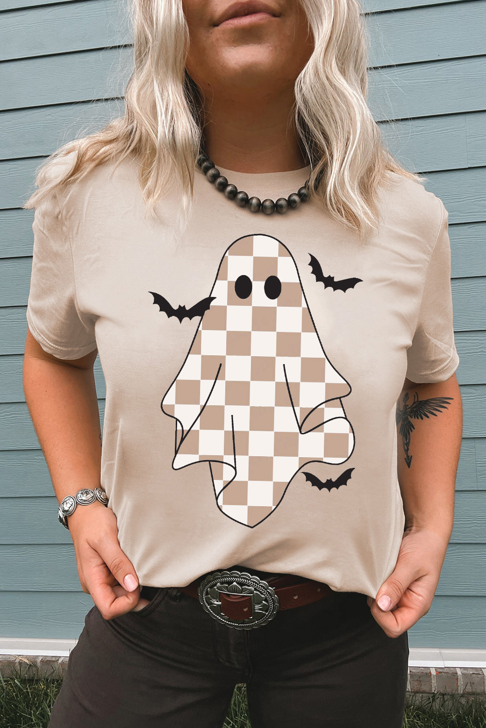 Khaki Ghost Bat Halloween Holiday Graphic Tee - loveforevers
