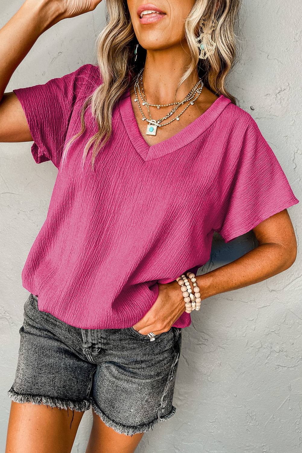 Bright Pink Crinkled V Neck Wide Sleeve T-shirt - loveforevers