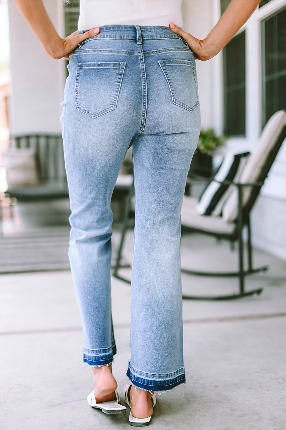 Sky Blue High Waist Buttoned Distressed Flared Jeans - loveforevers
