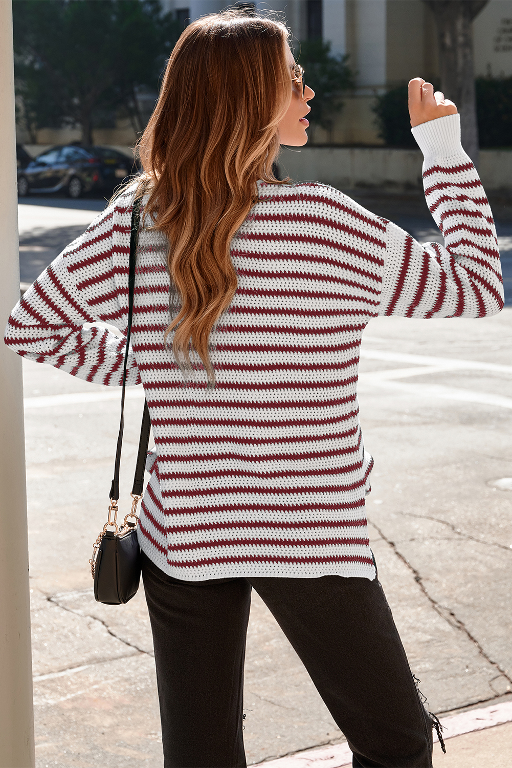 Fiery Red Striped Knit Split Hem Baggy Sweater - loveforevers