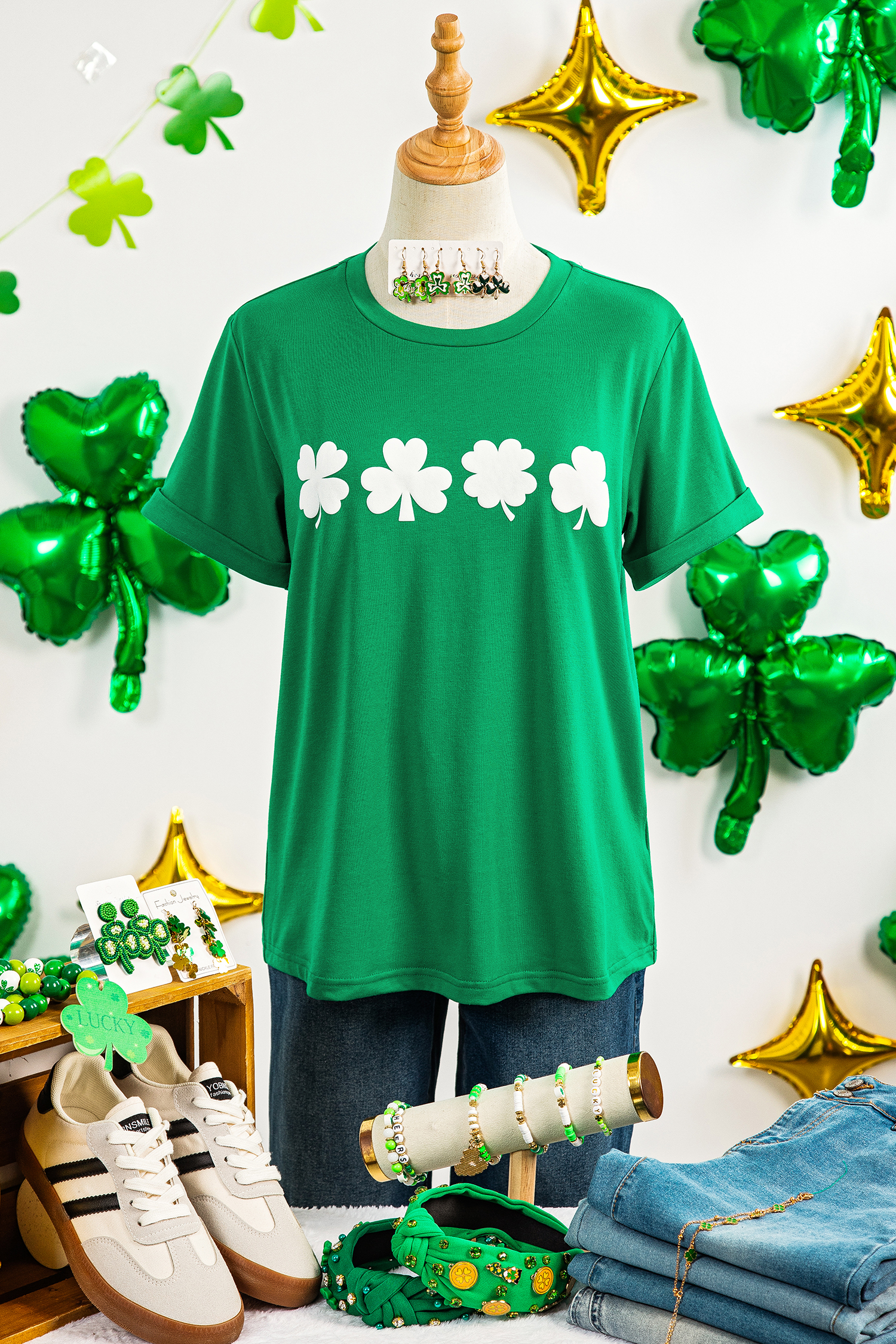 Bright Green St Patricks Day Clover Printed Casual T Shirt - loveforevers