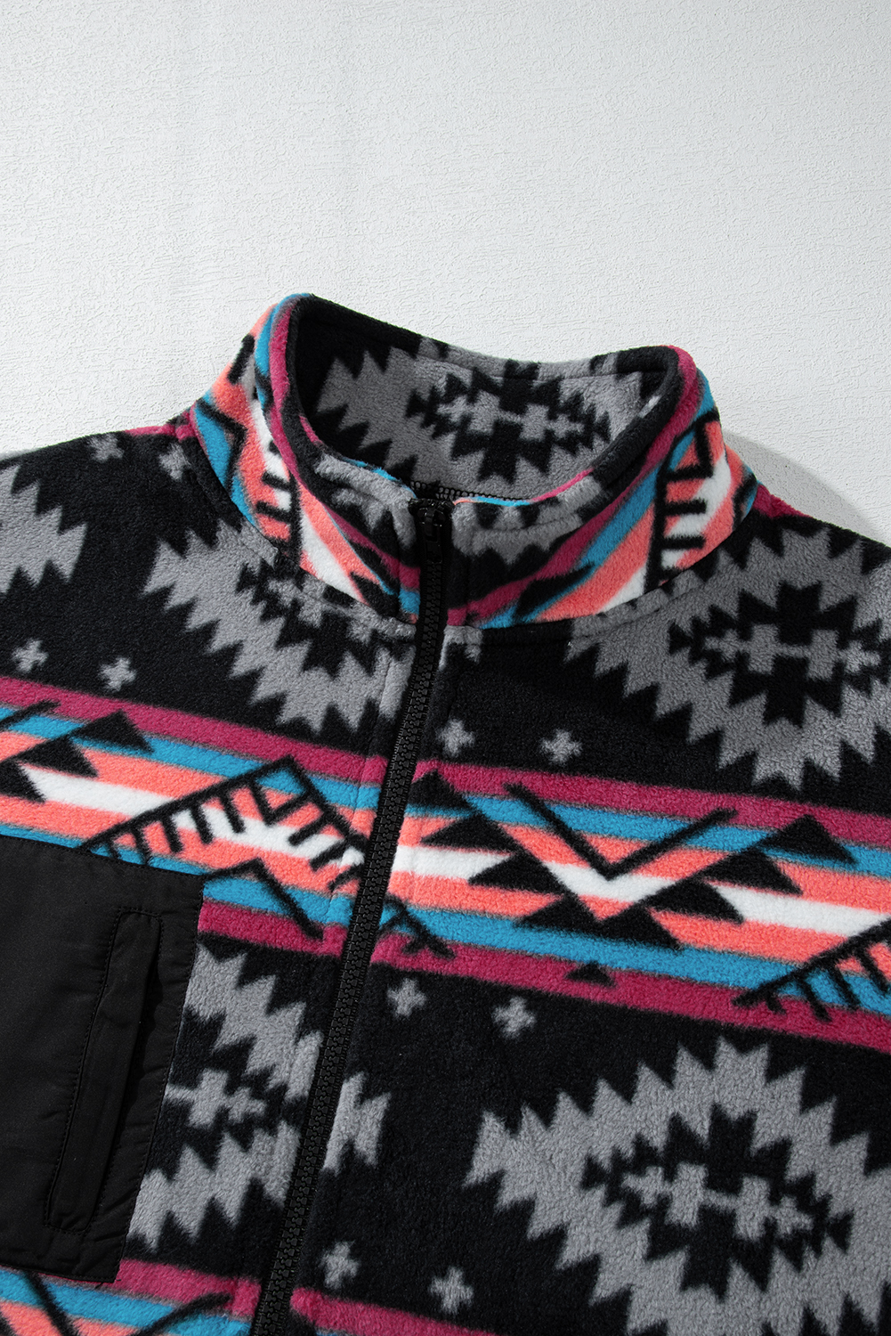 Black Aztec Printed Zip Up Collar Jacket - loveforevers