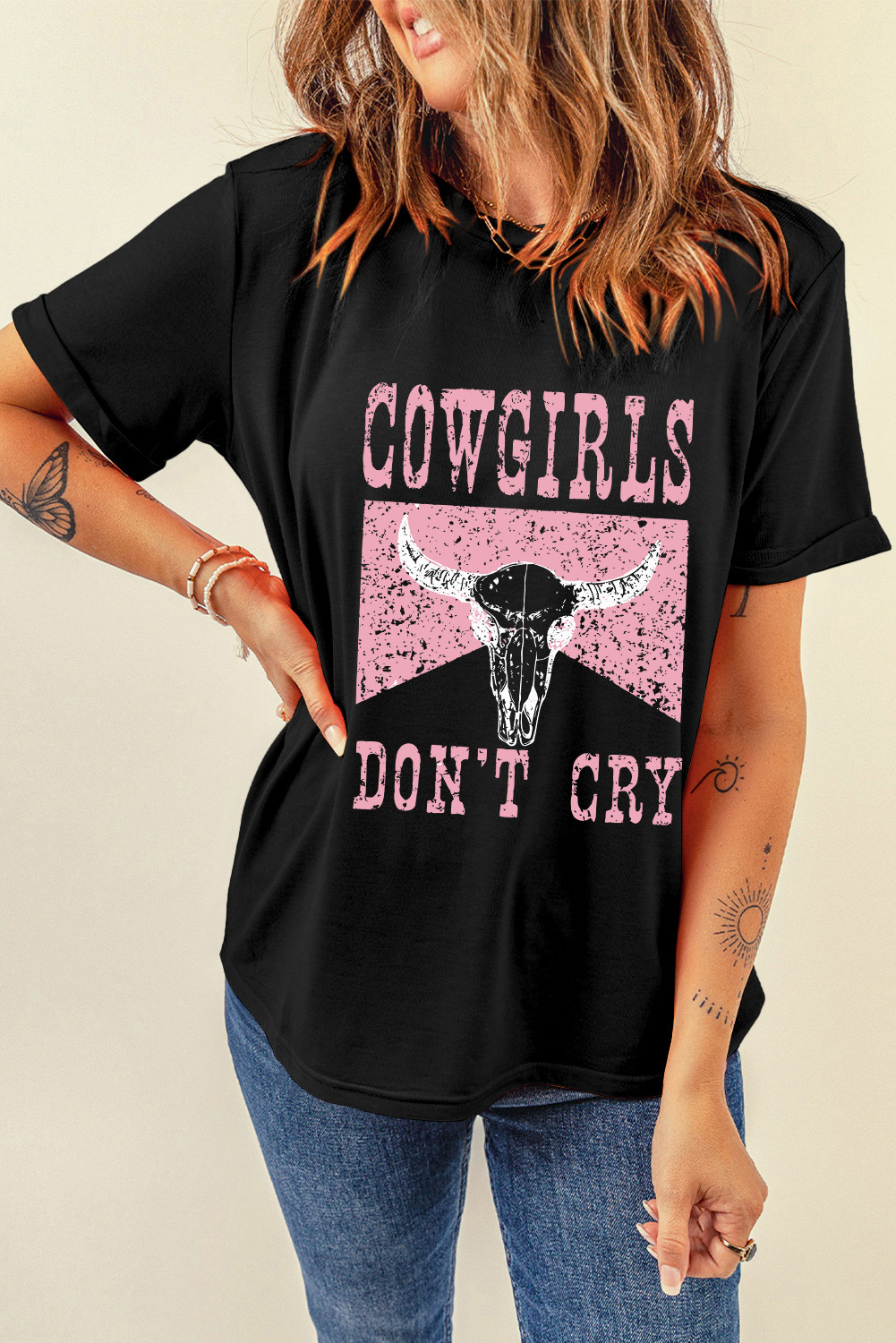 Black COWGIRL DONT CRY Steer Head Print Short Sleeve Top - loveforevers