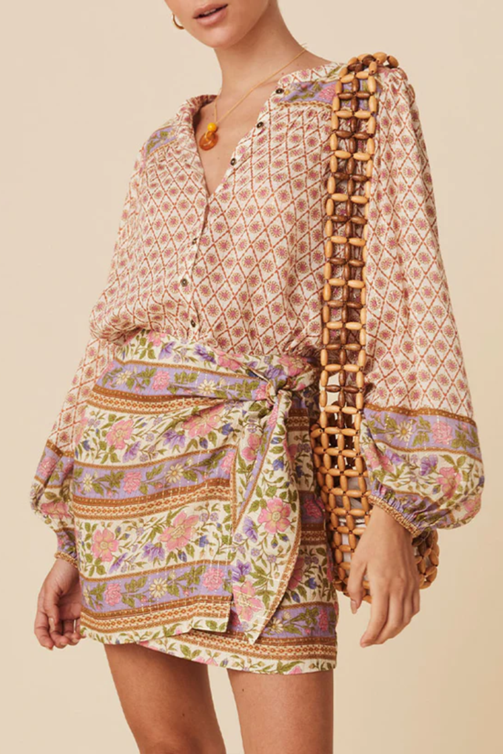 Multicolour Boho Floral Mixed Print Puff Sleeve Shirt - loveforevers