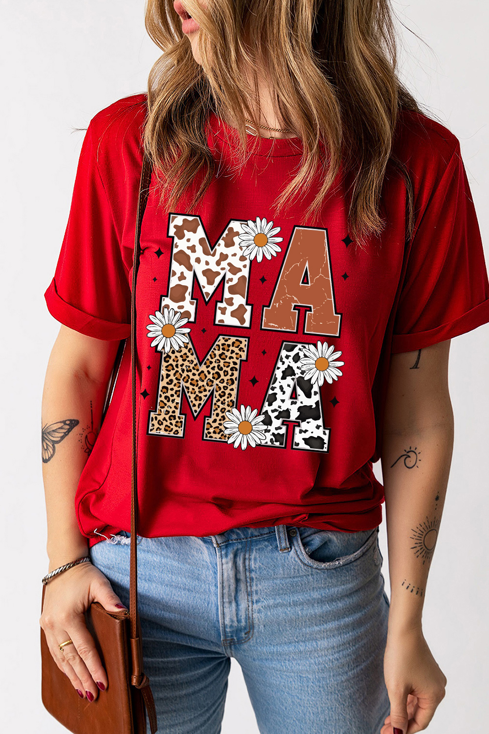 Red Western Animal Spots MAMA Letter Daisy Flower Printed Tee - loveforevers