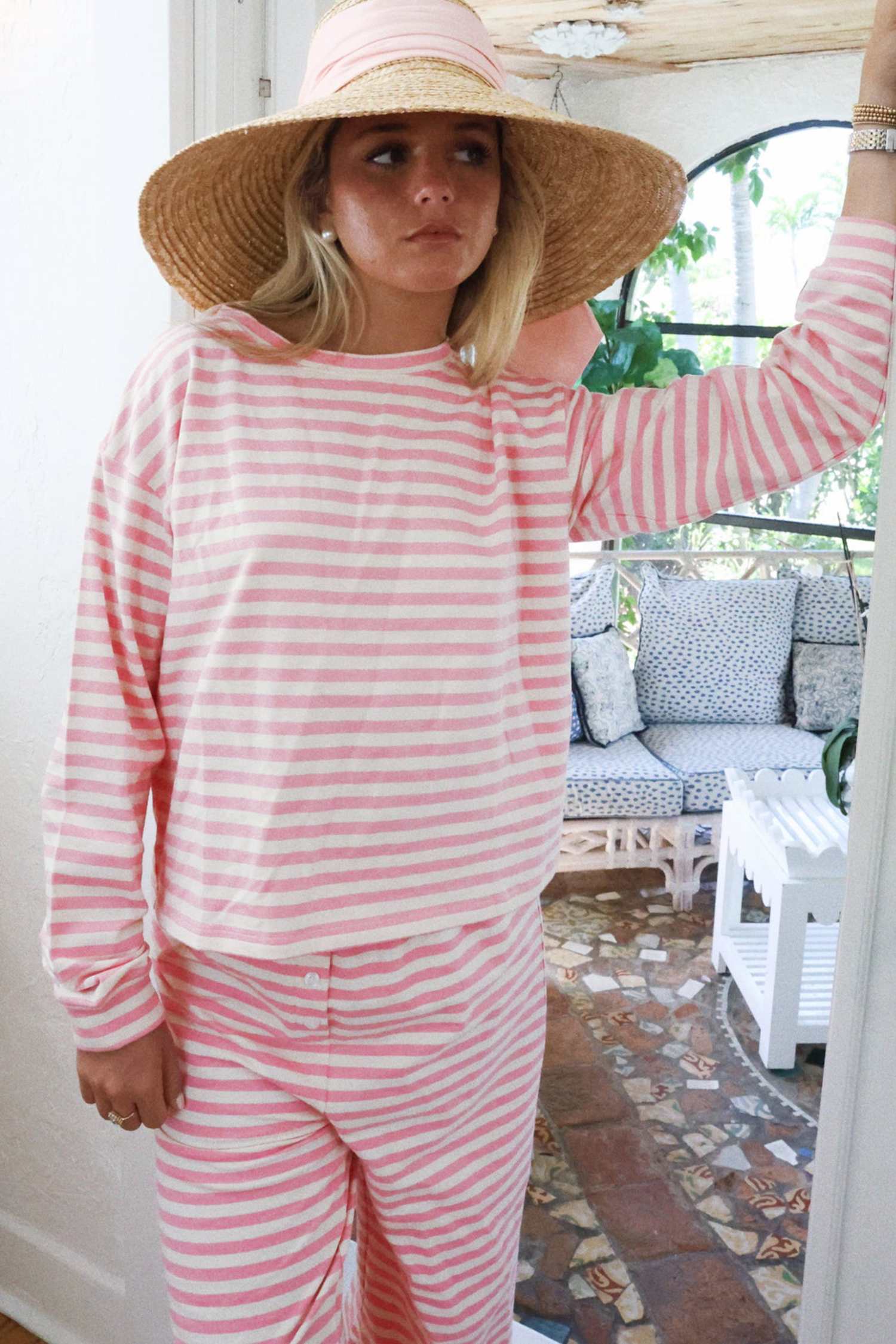 Rose Stripe Drop Shoulder Round Neck Top and Buttoned Straight Pants Two Piece Set - loveforevers
