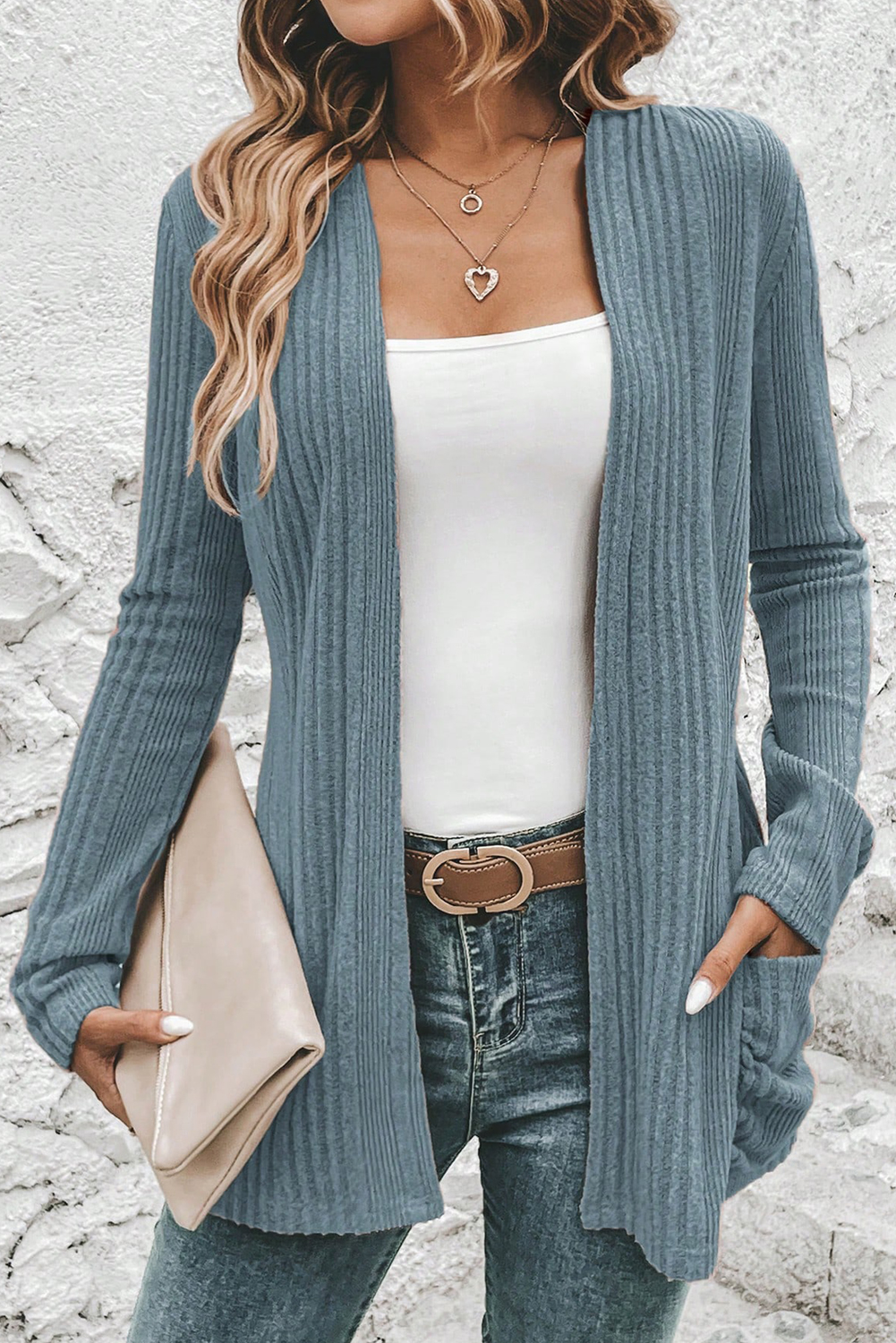 Stone Blue Ribbed Open Front Knitted Top with Pockets - loveforevers