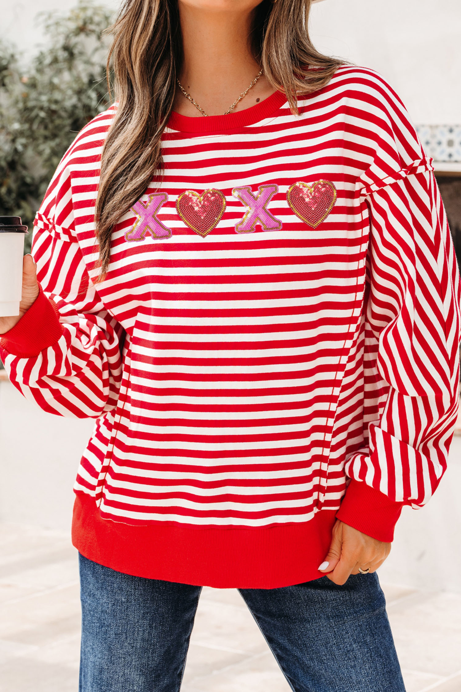 Red Stripe XOXO Sequin Heart Patched Valentines Day Long Sleeve Top - loveforevers