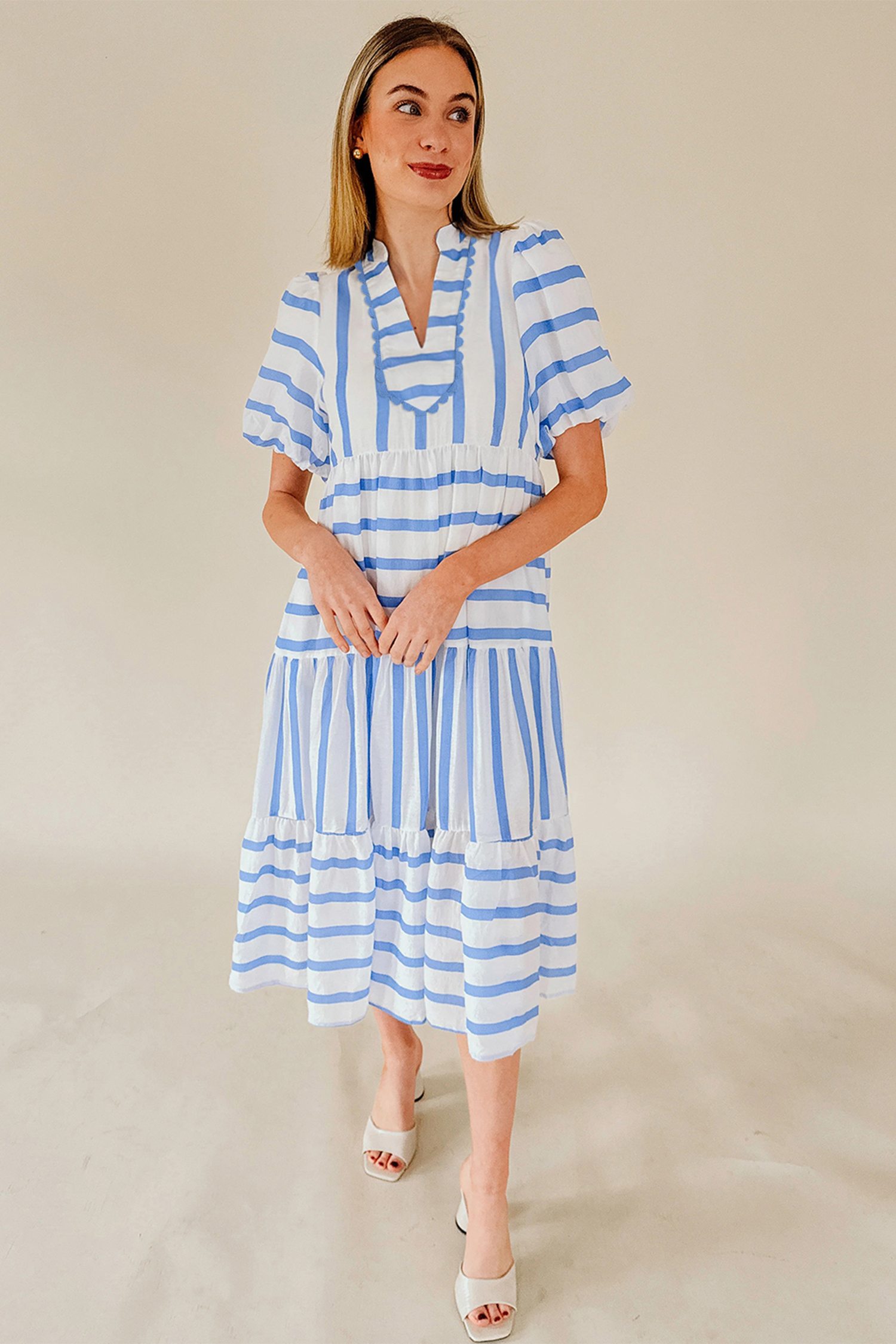 Sky Blue Stripe Ricrac Trim Notched Neck Half Sleeve Vacation Dress - loveforevers
