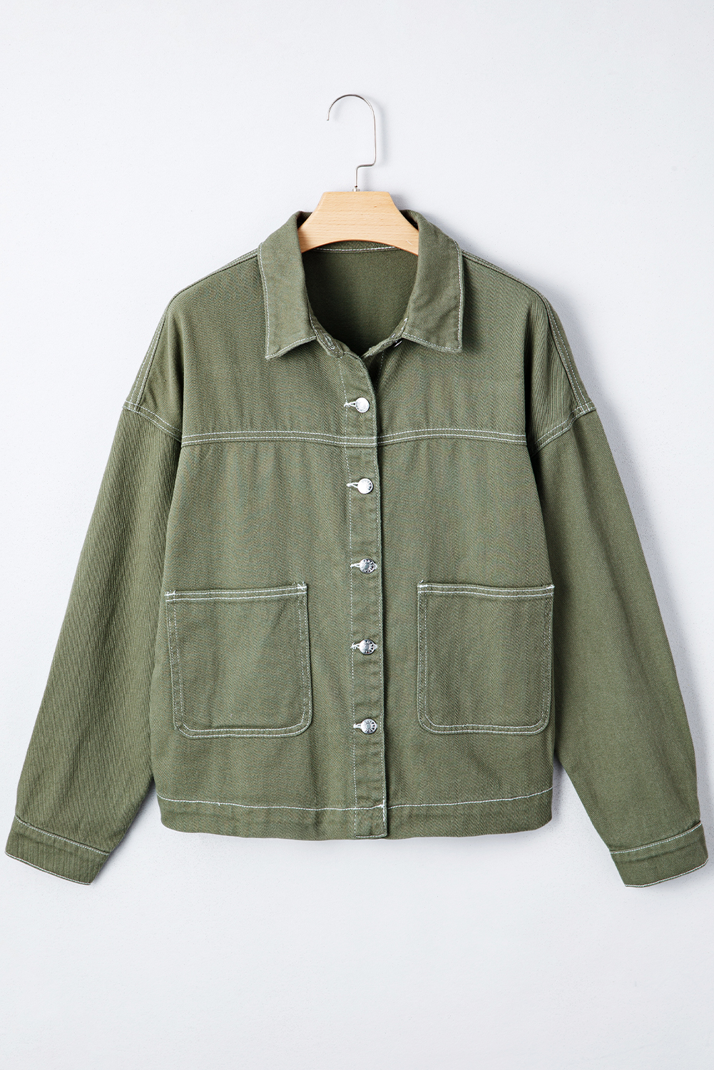 Smoke Green Patched Pocket Collared Button Front Boyfriend Denim Jacket - loveforevers
