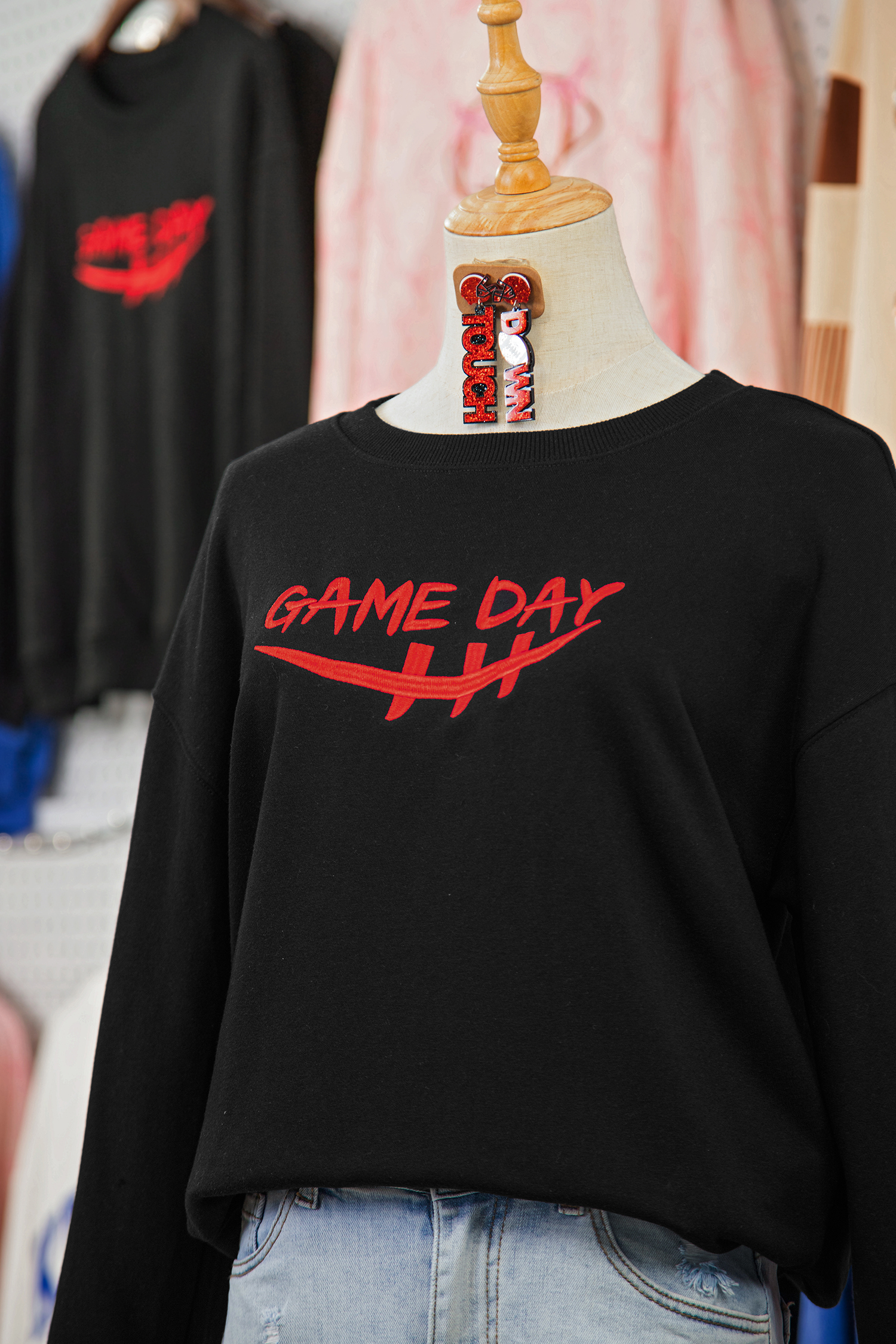 Black GAME DAY Embroidered Graphic Casual Pullover Sweatshirt - loveforevers