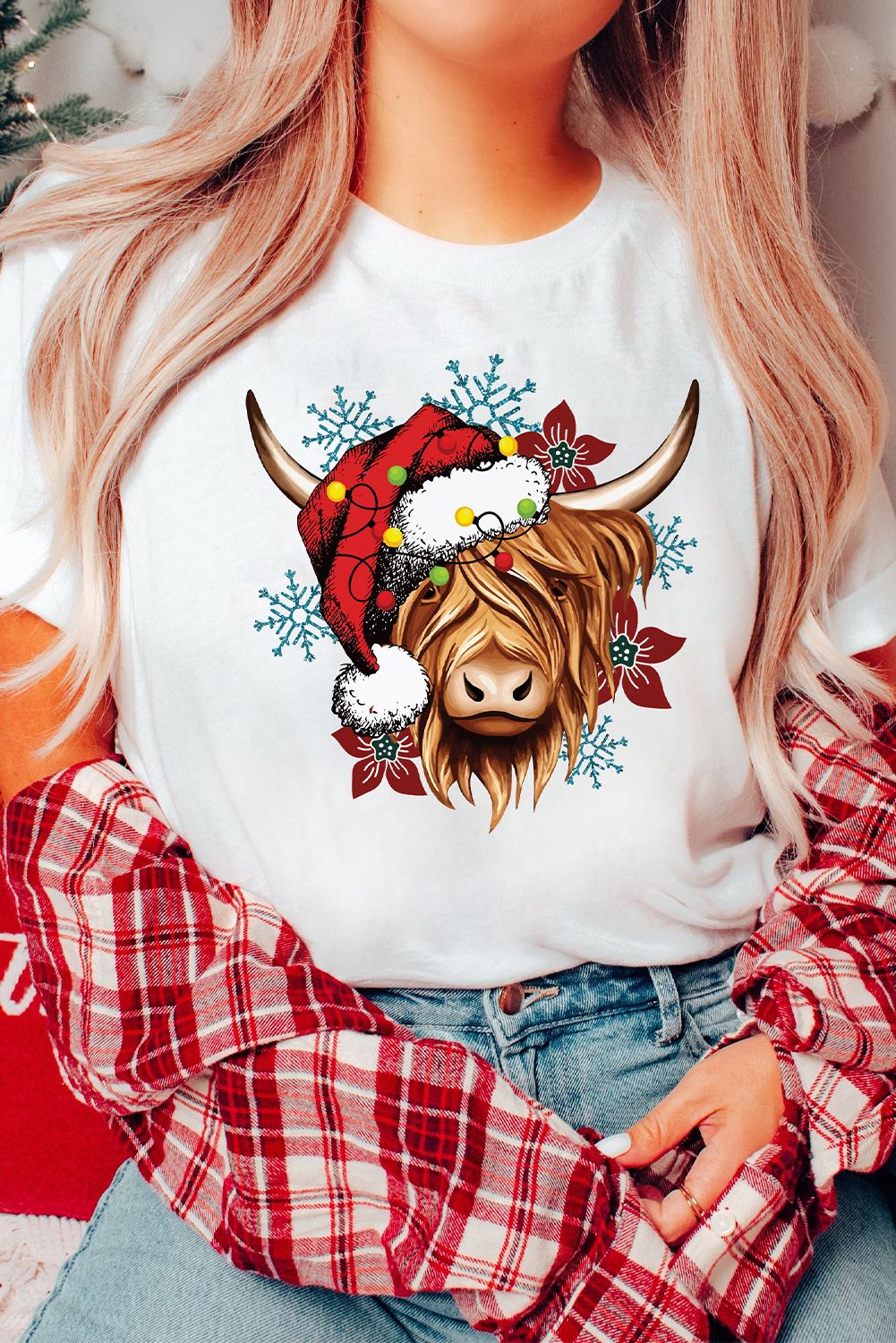 White Christmas Highland Ox Snowflake Print Womens T Shirt - loveforevers
