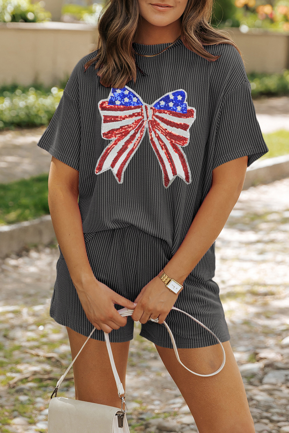 Carbon Grey Independence Day Sequin Bow Graphic Twist Rib Textured Short Set - loveforevers
