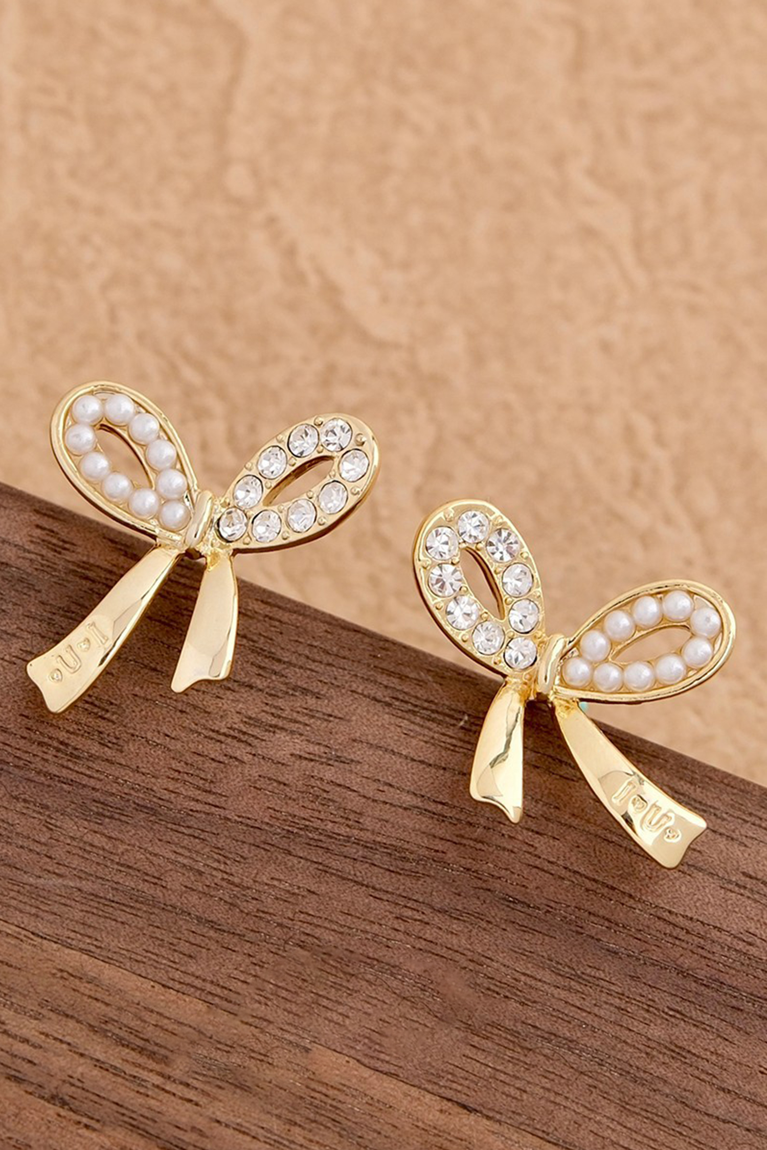 Gold Rhinestone Pearl Bow Earrings - loveforevers