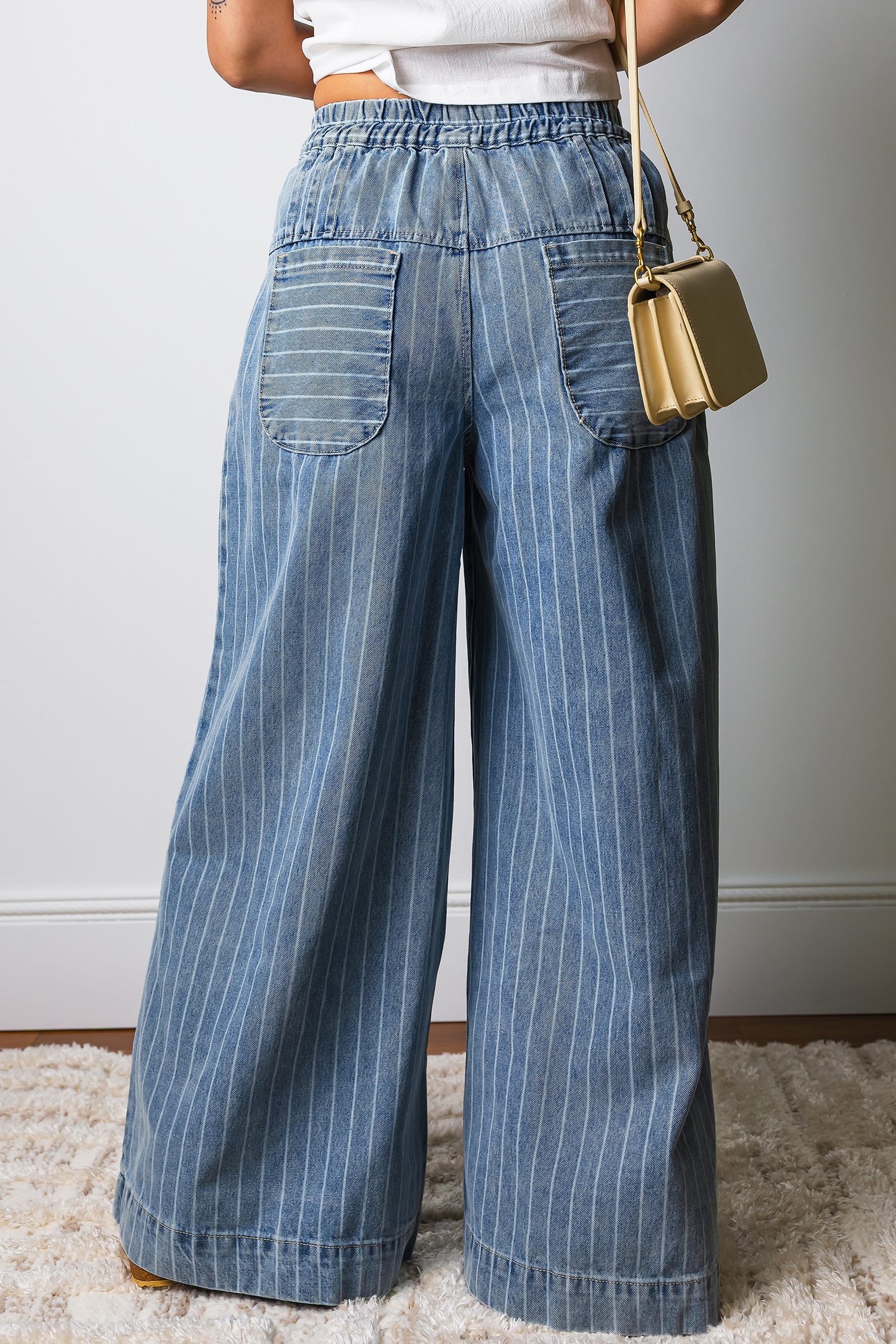 Sky Blue Stripe Button Pleated Drawstring Waist Casual Wide Leg Jeans - loveforevers