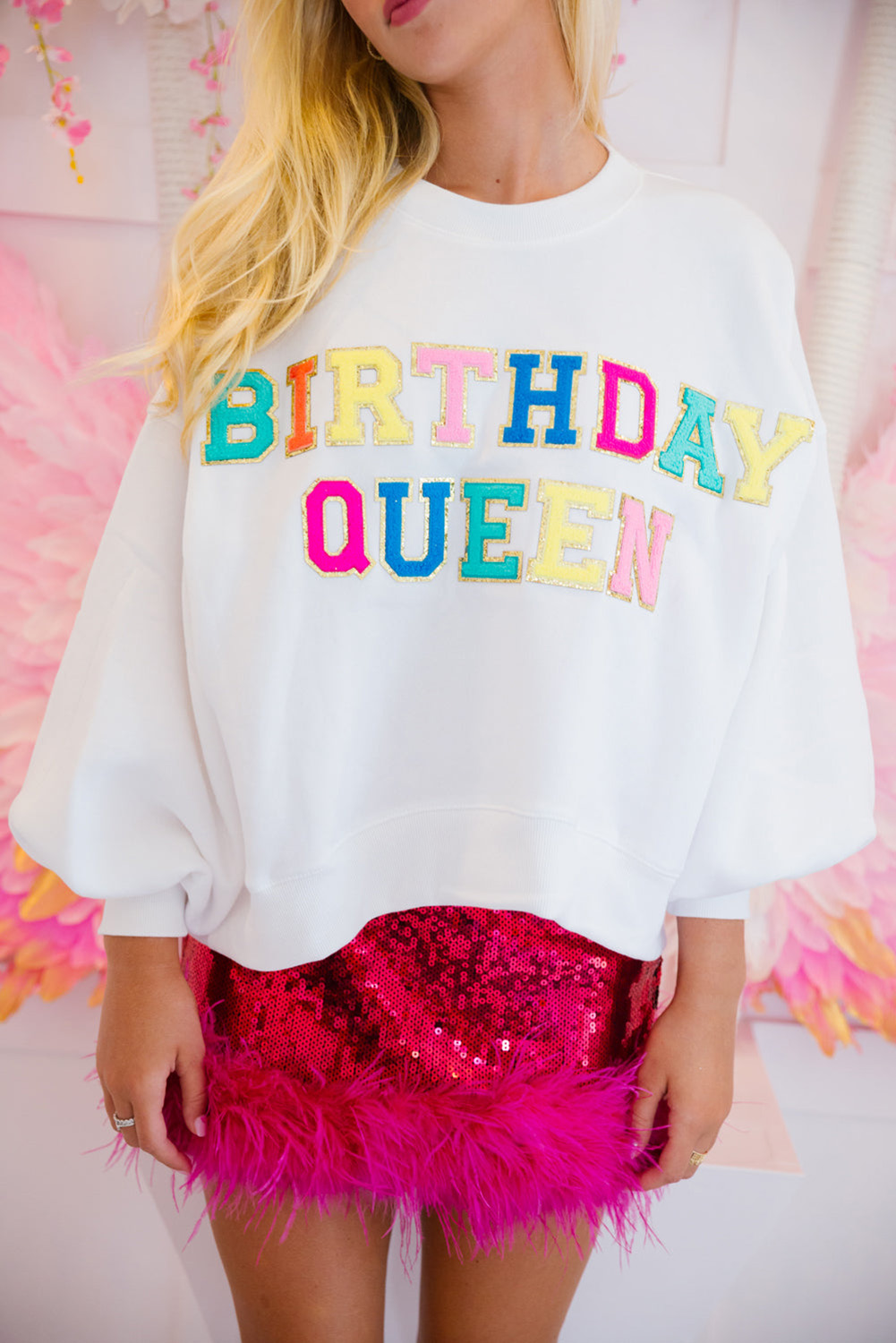 White BIRTHDAY QUEEN Graphic Balloon Sleeve Sweatshirt - loveforevers