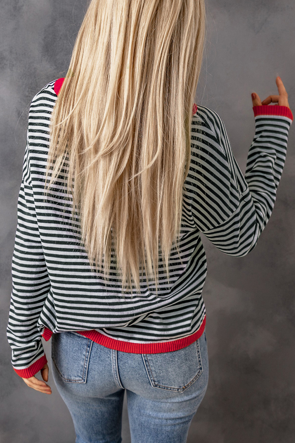 Fiery Red Striped Contrast Trimmed Drop Shoulder Sweater - loveforevers