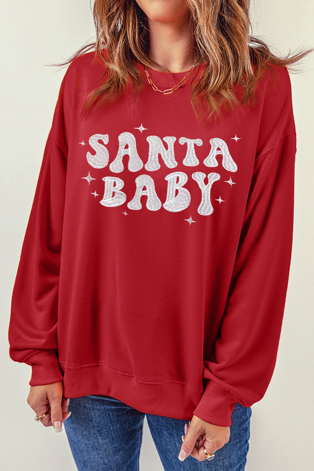 Red SANTA BABY Embroidered Crewneck Christmas Sweatshirt - loveforevers