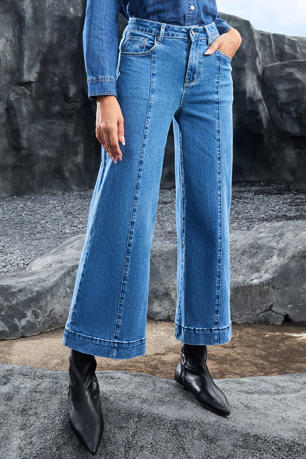 Black Plain Seam Detail Flared Bottom Ankle Length Jeans - loveforevers