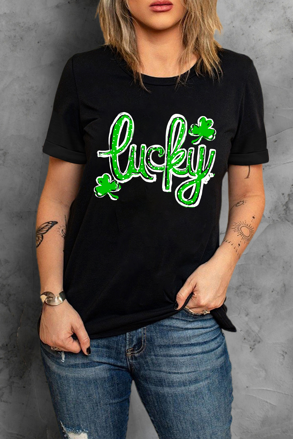 Black St. Patricks Lucky Clover Print O Neck T Shirt - loveforevers