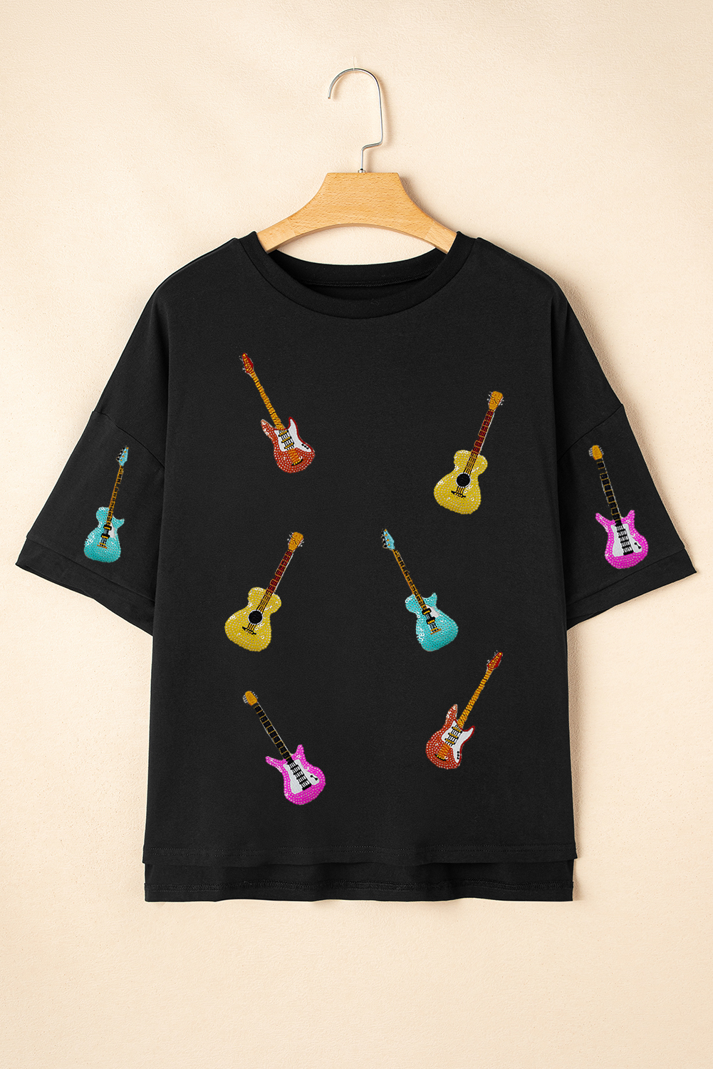 Black Music Lovers Sequined Guitars Dropped Shoulder T Shirt - loveforevers