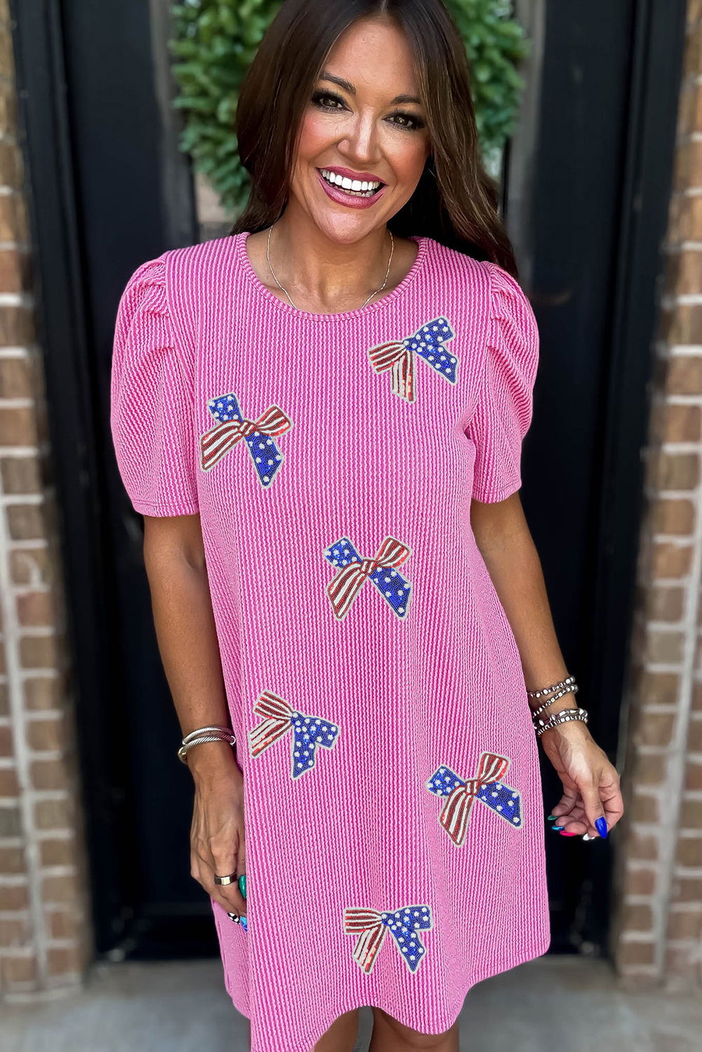 Bright Pink Flag Pattern Inspired Sequin Bow Spiral Ribbed Puff Sleeve T Shirt Dress - loveforevers