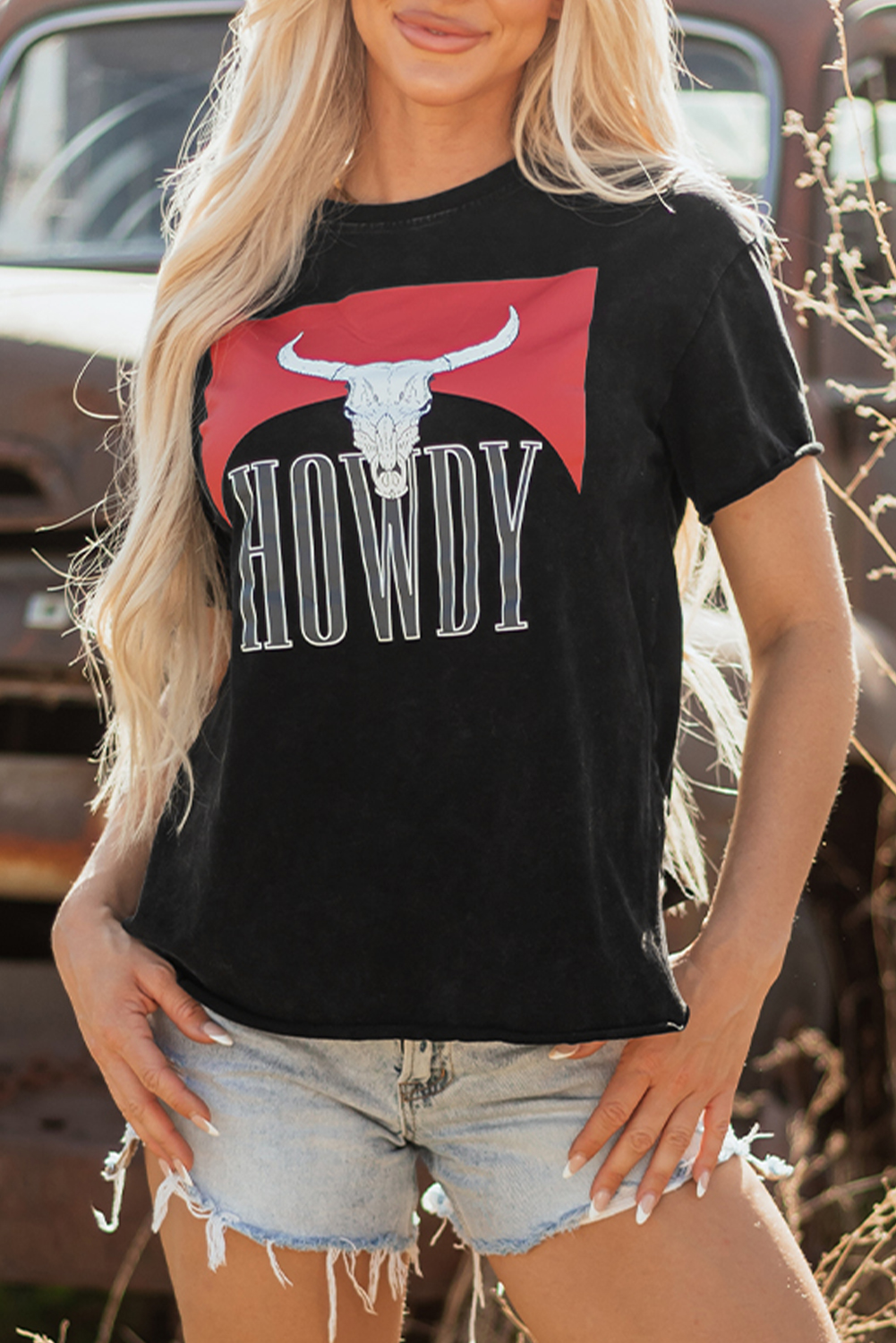Black Western HOWDY Steer Head Print Side Slits Loose Fit T Shirt - loveforevers