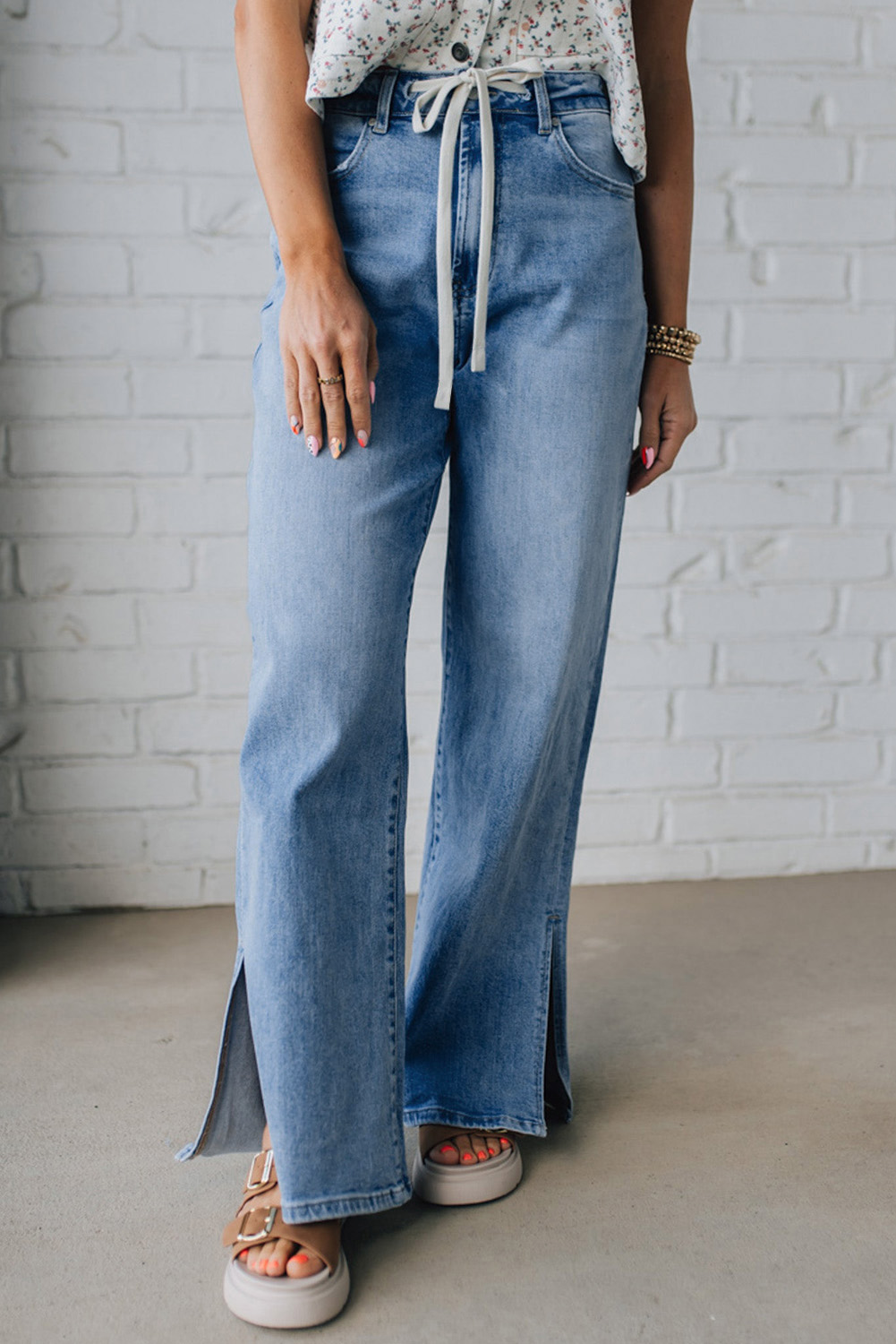 Myosotis Slit Leg High Rise Drawstring Casual Jeans - loveforevers