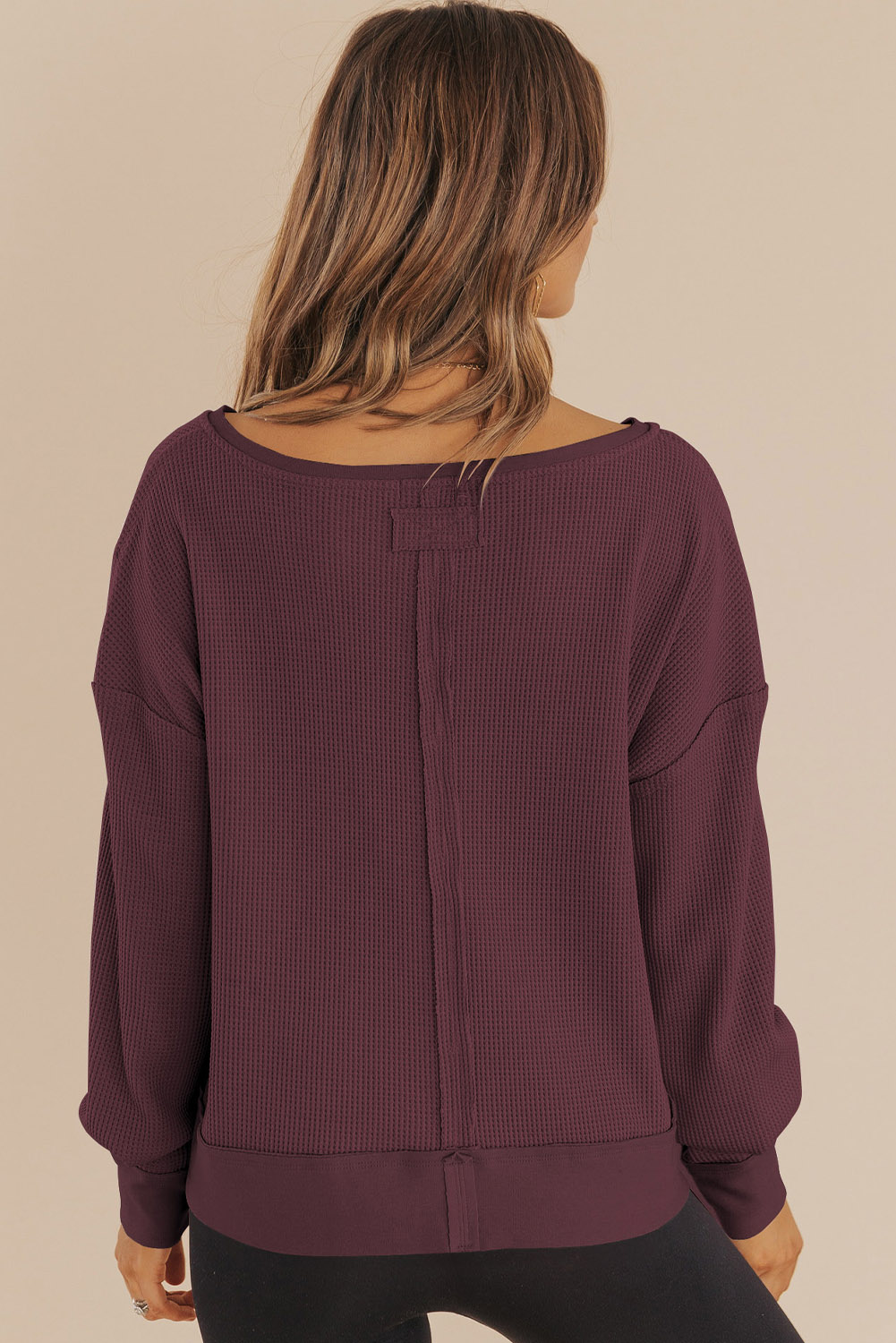 Dark Brown Waffle Knit Notched V Neck Drop Shoulder Solid Sweatshirt - loveforevers