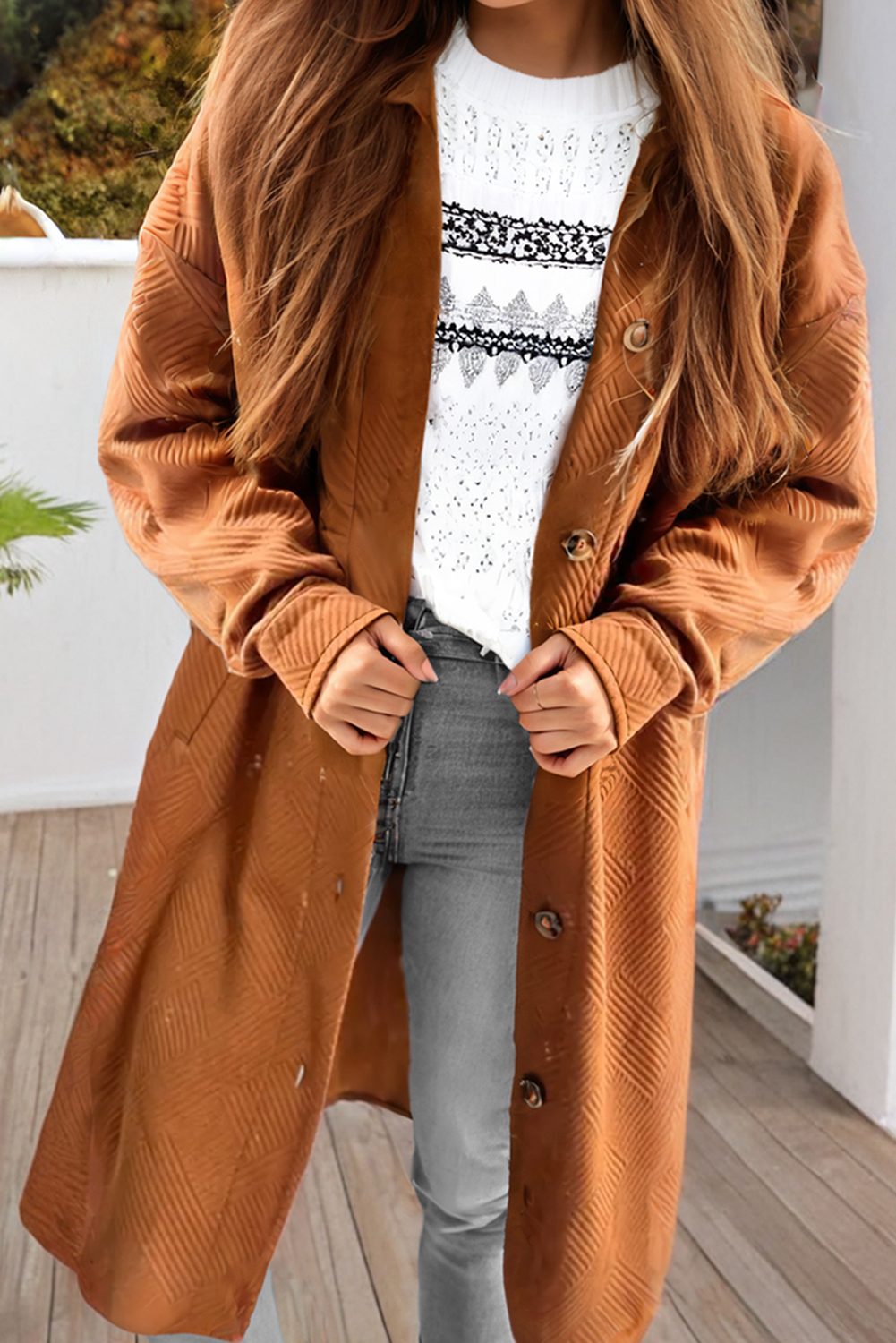 Gold Flame Textured Collared Drop Shoulder Buttoned Front Duster Coat - loveforevers