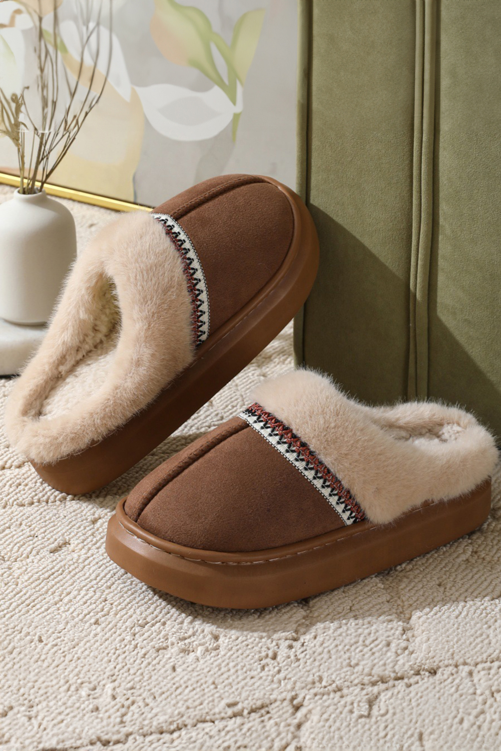Coffee Western Woven Detail Faux Suede Furry Home Slippers - loveforevers