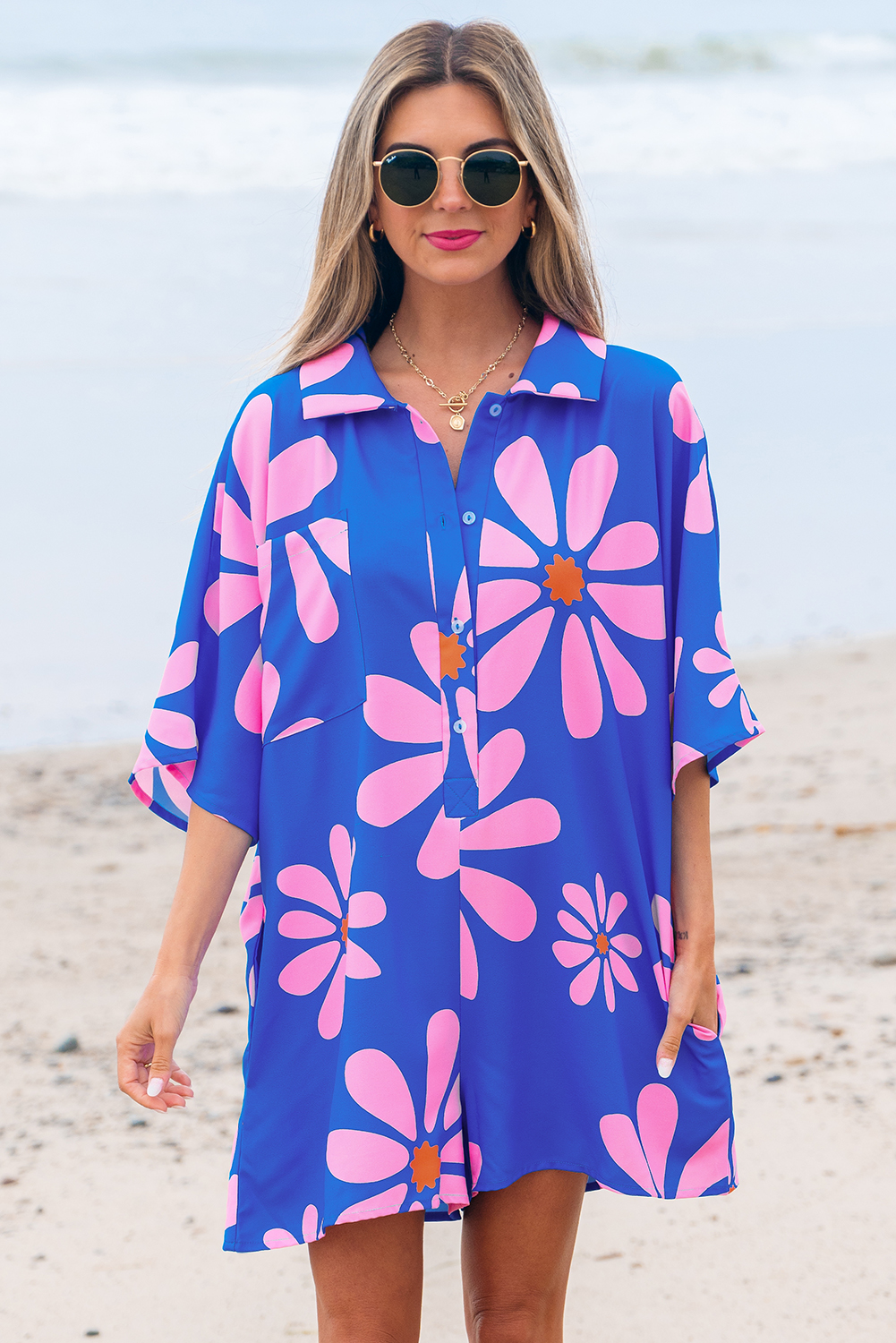 Blue Summer Flower Print Shirt Collar Button Front Loose Romper - loveforevers