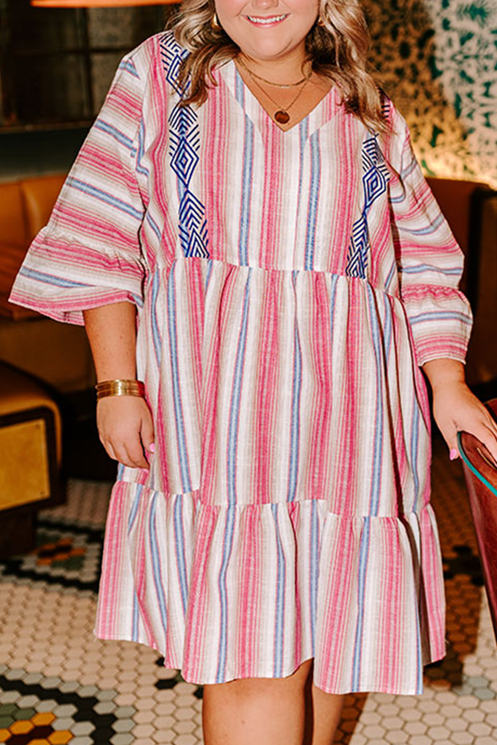 White Stripe Plus Size Embroidered Detail Flared 3/4 Sleeve V Neck Dress - loveforevers