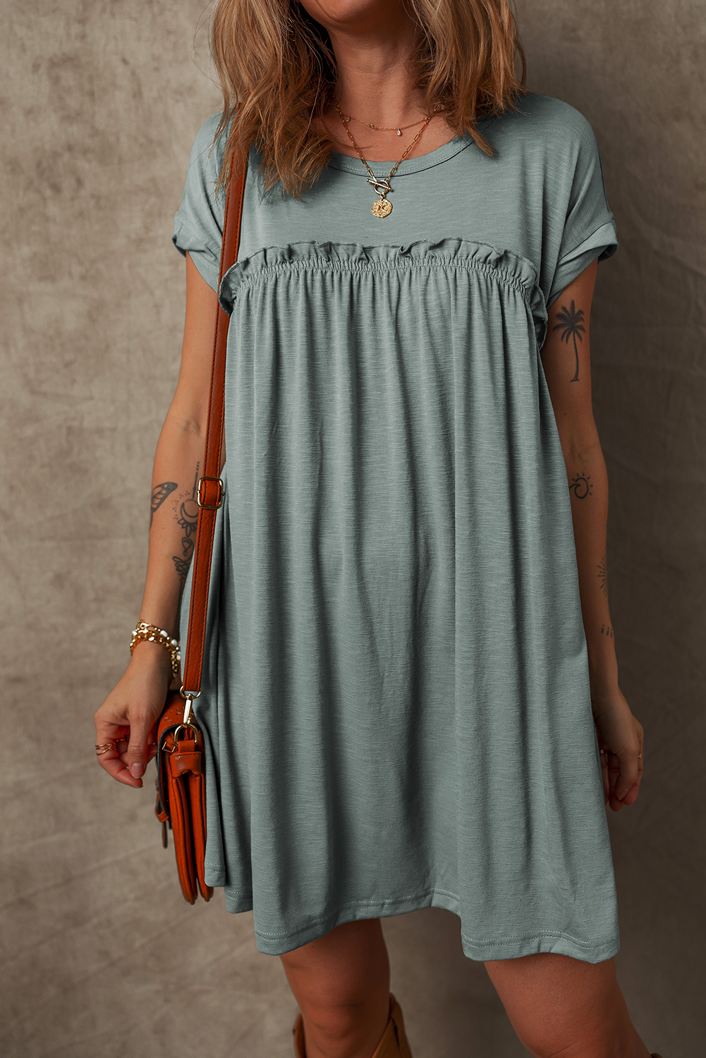 Mist Green Frilled Gathered Seam Round Neck T Shirt Dress - loveforevers