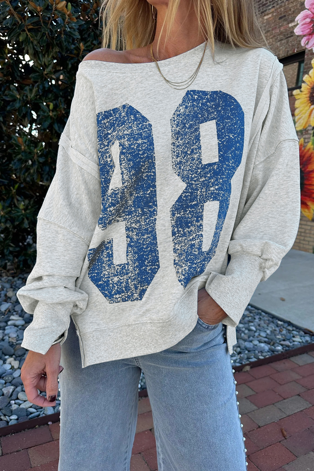Light Grey Faded Varsity Print Loose Pullover Top - loveforevers